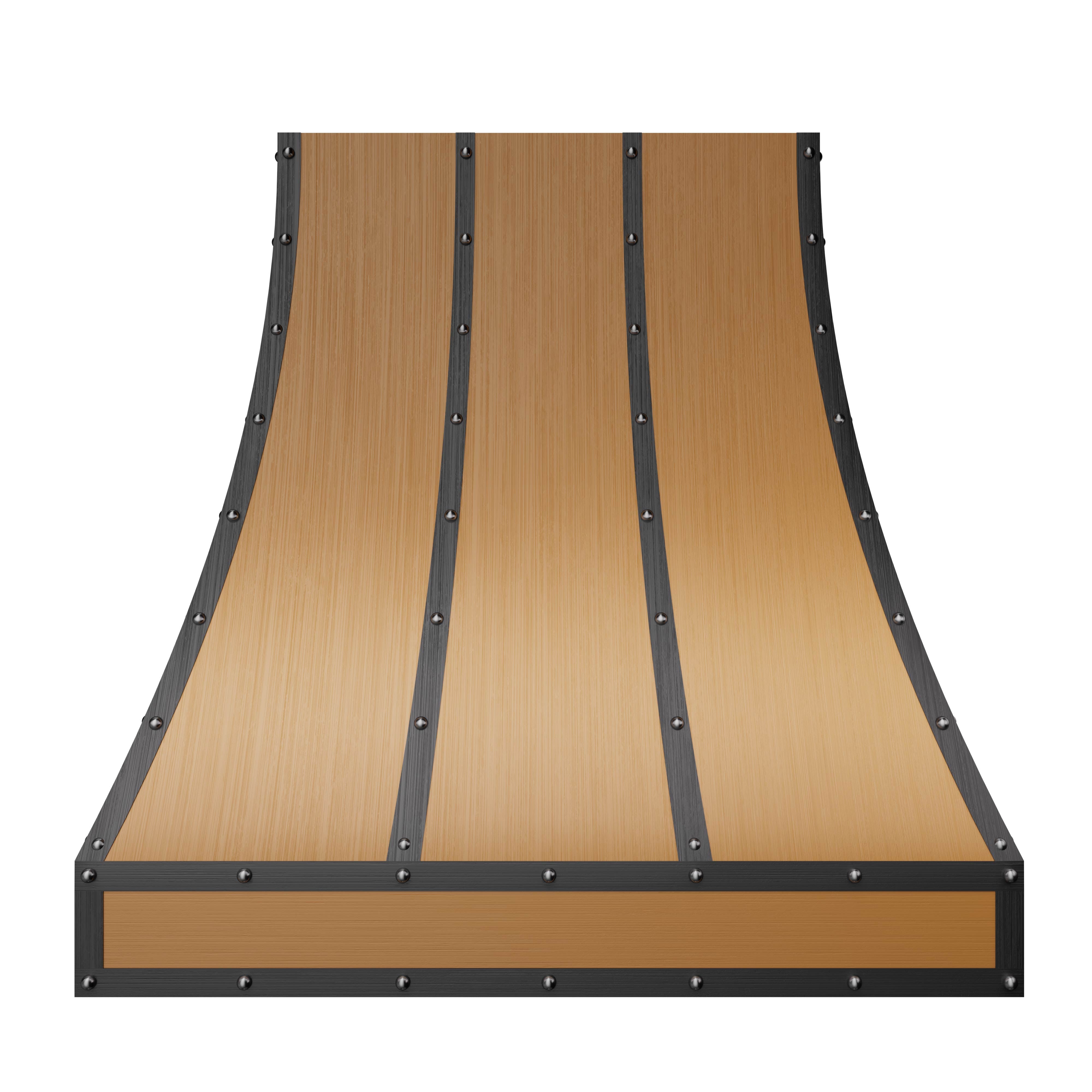 Black - strapped brass range hood, designed to complement kitchens with wooden cabinetry, black metal accents
