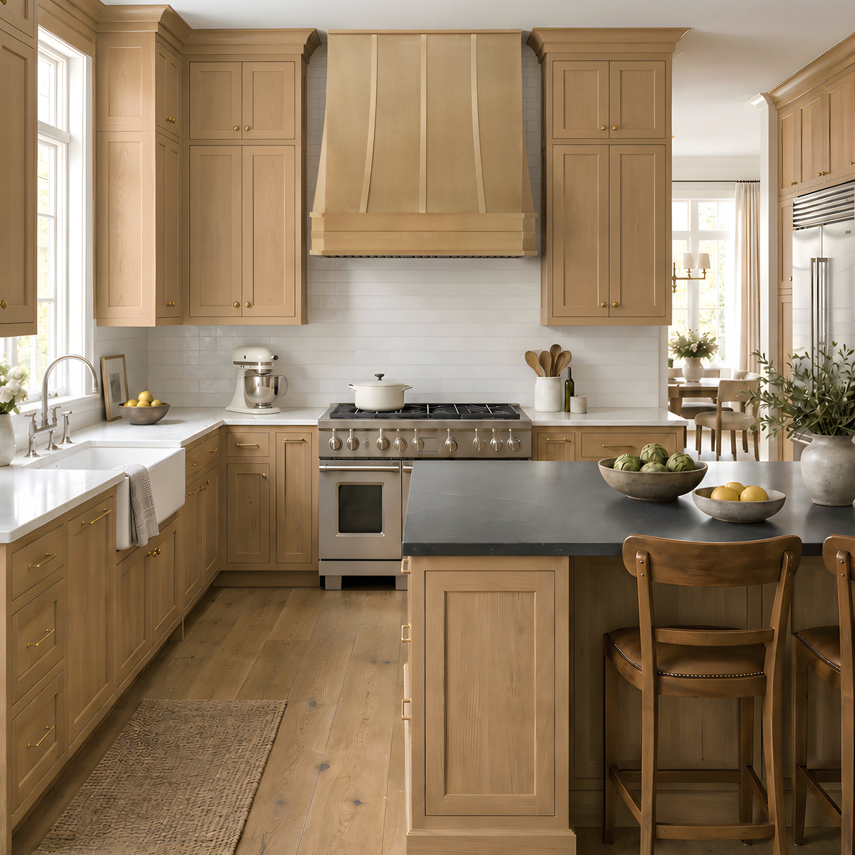 CKH brushed brass range hood in a bright, modern kitchen