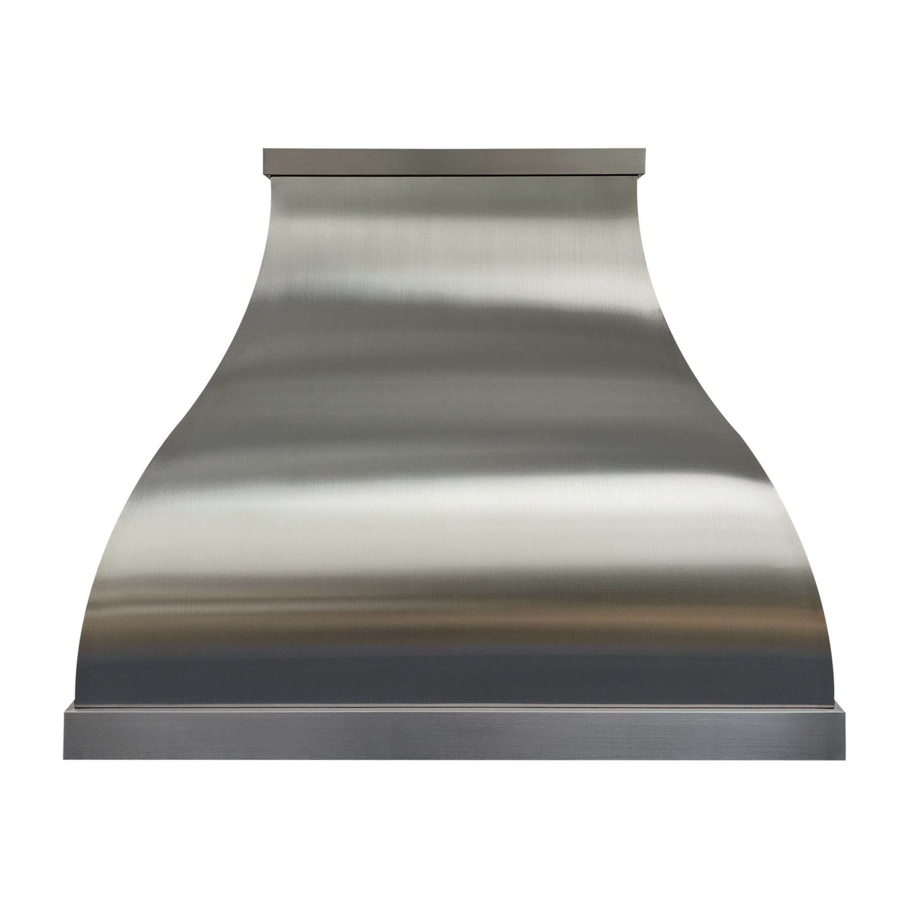 Brushed stainless steel range hood with a smooth, modern curved design, ideal for contemporary kitchen.