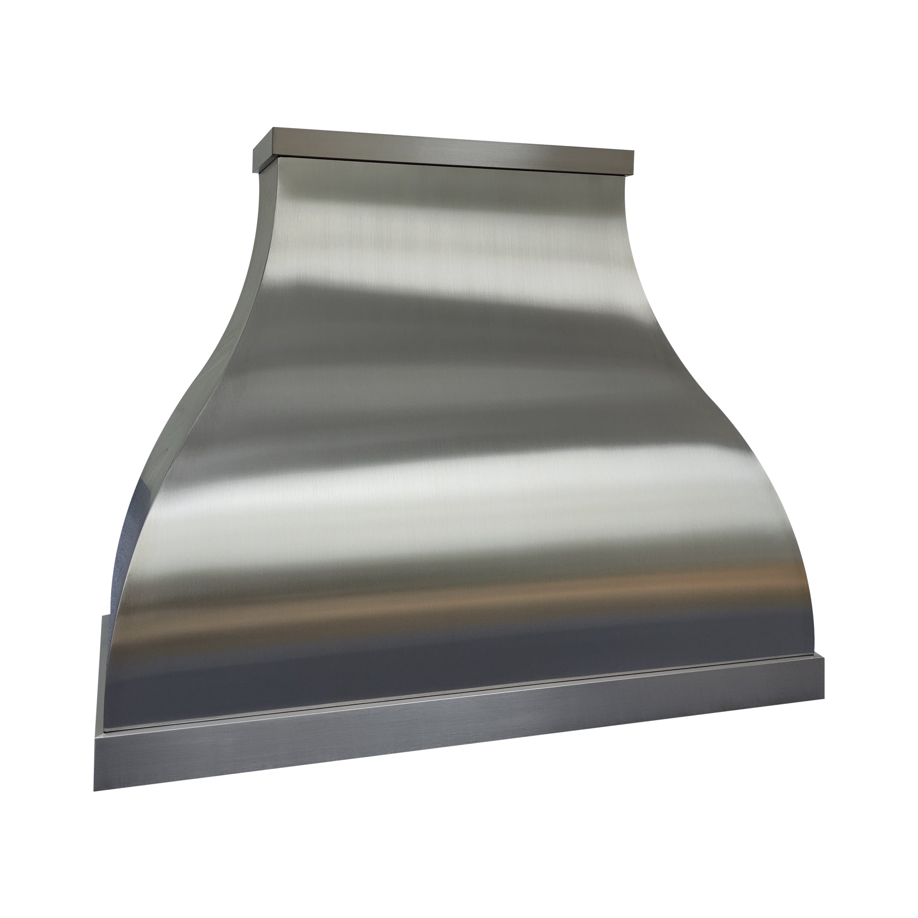 Brushed stainless steel range hood with a smooth, modern curved design, ideal for contemporary kitchen.