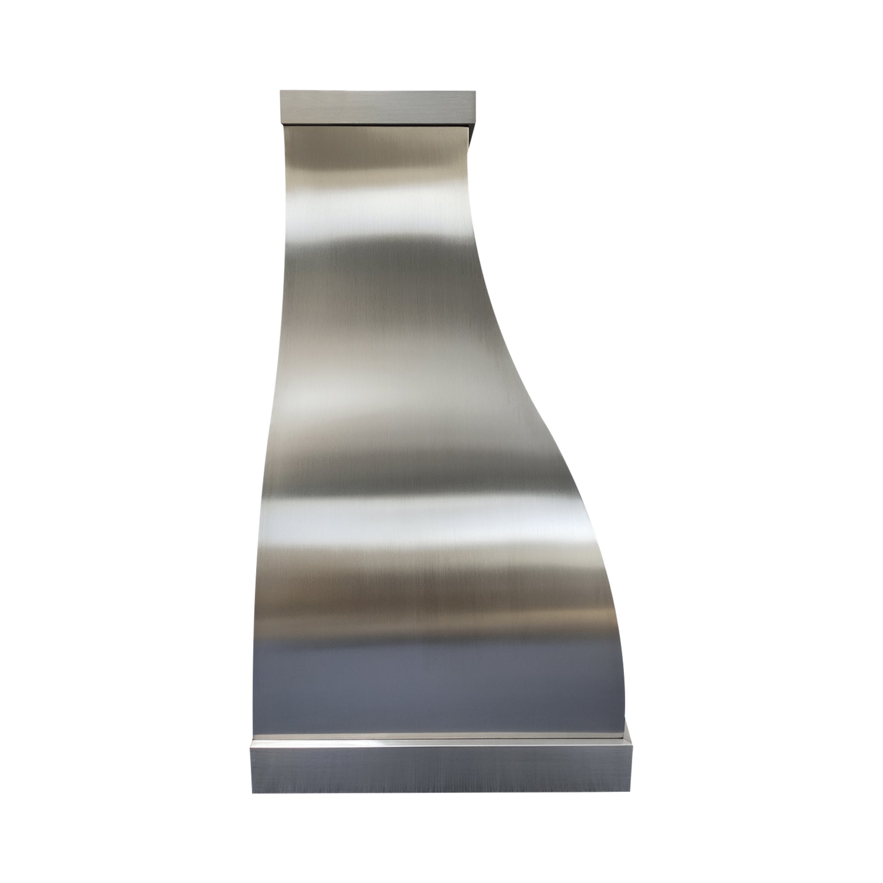 Brushed stainless steel range hood with a smooth, modern curved design, ideal for contemporary kitchen.