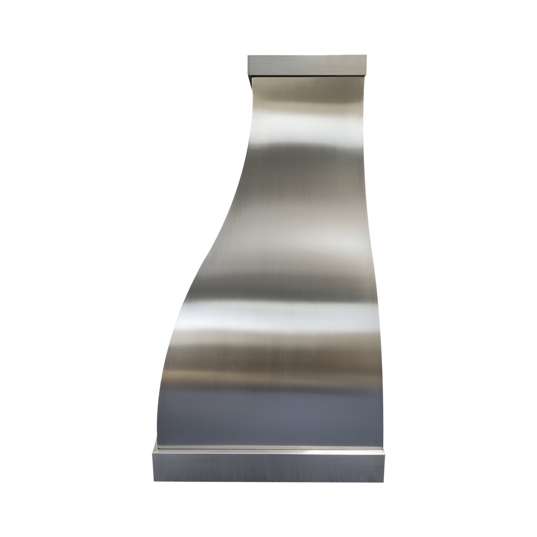 Brushed stainless steel range hood with a smooth, modern curved design, ideal for contemporary kitchen.