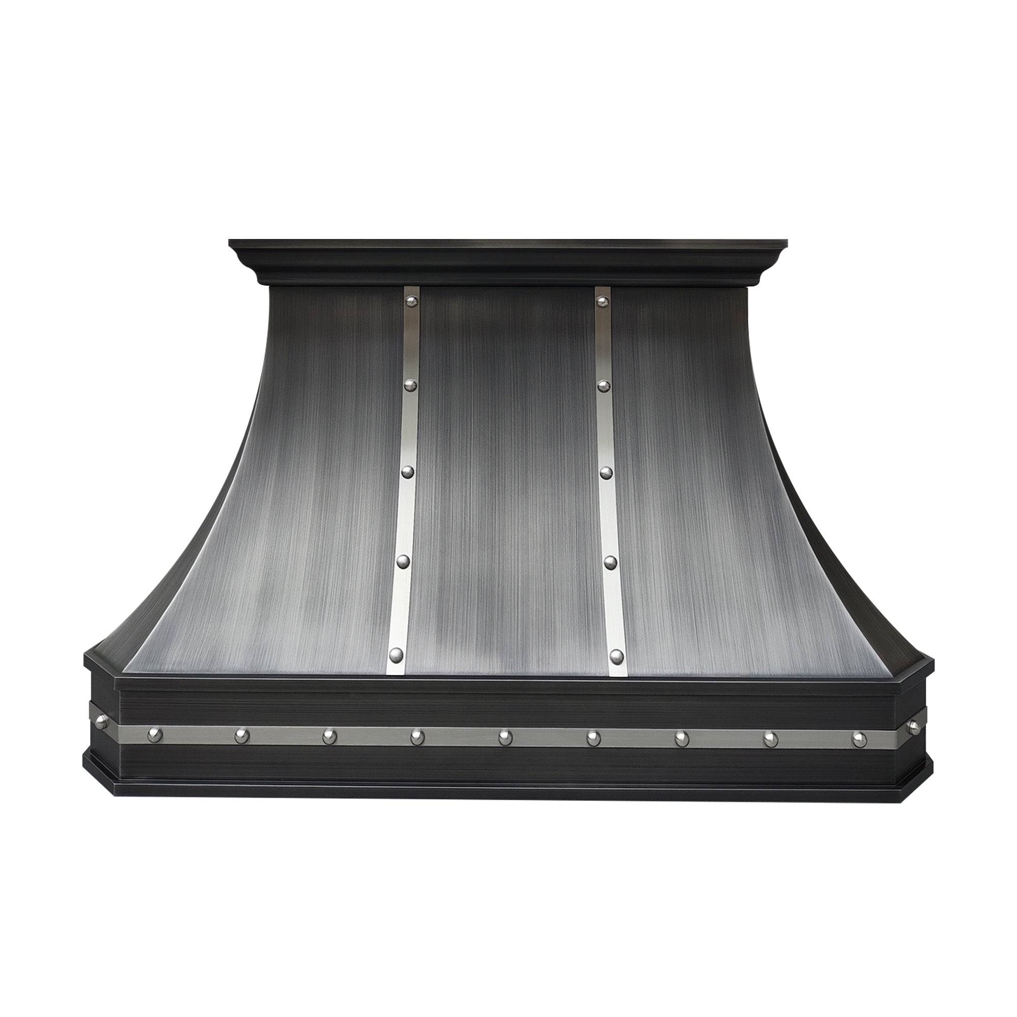 CKH zinc kitchen hood (Z12) featuring a brushed finish, rivet detailing, and an industrial-inspired curved silhouette for bold kitchen style.
