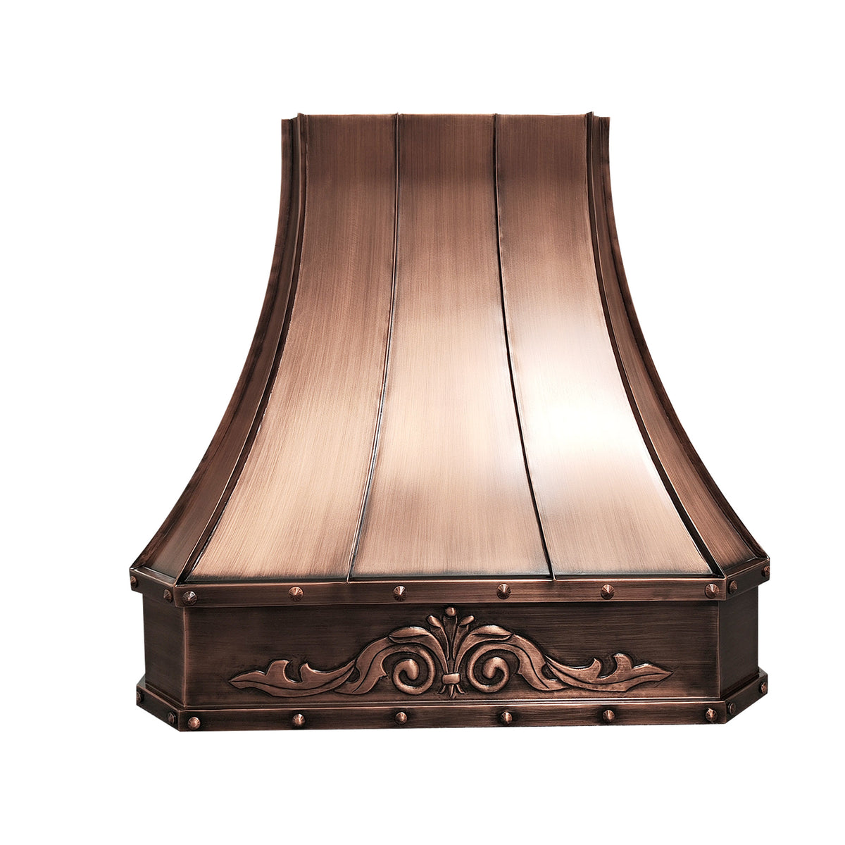 CKH C15 copper range hood featuring ornate carved detailing and rivet accents