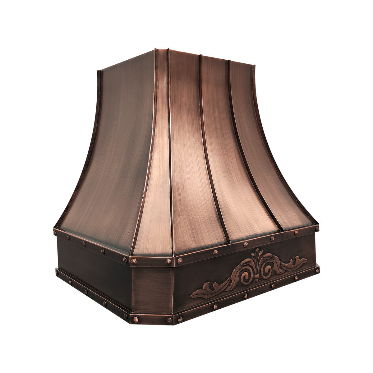 CKH antique copper kitchen range hood featuring ornate carved detailing and rivet accents