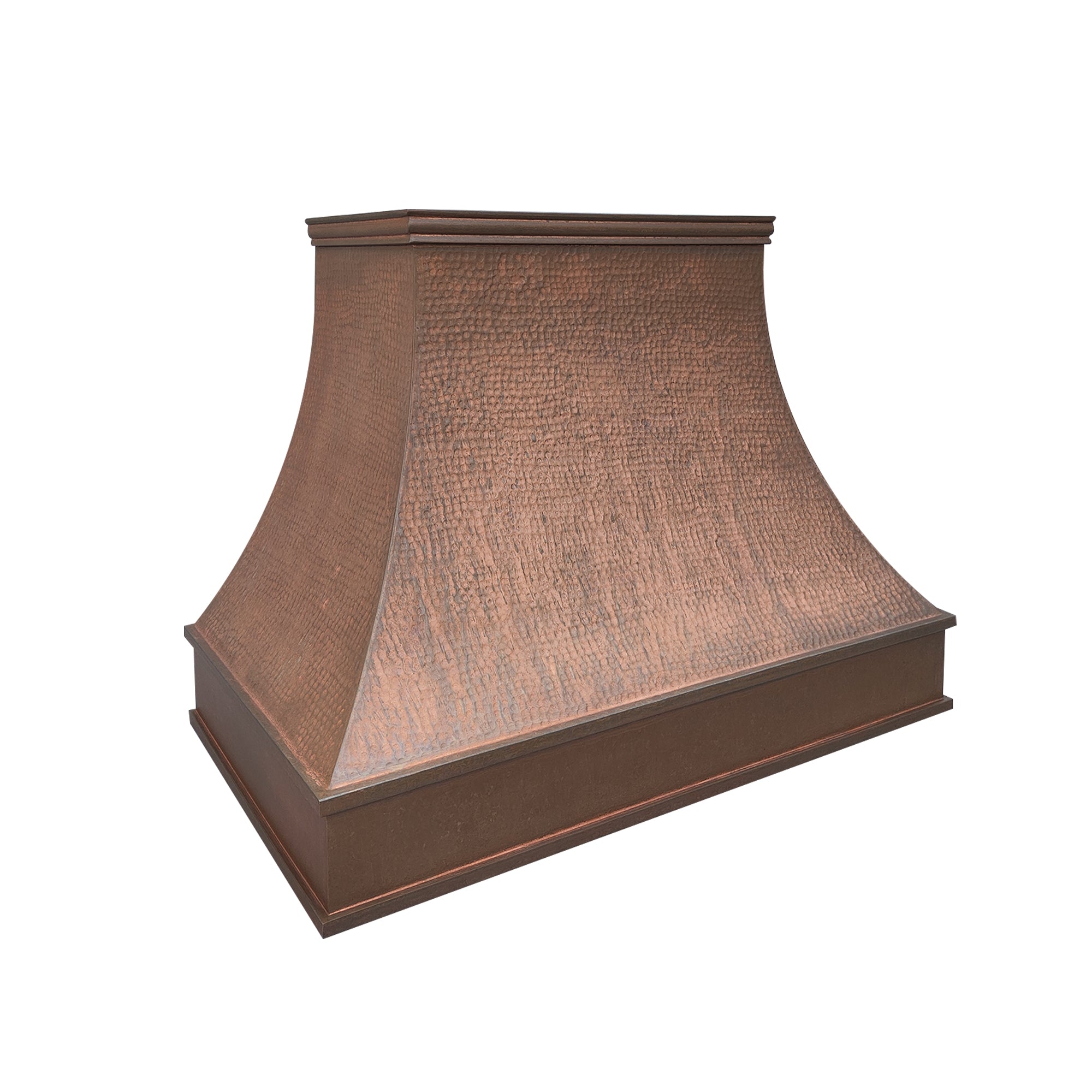 CKH hammered copper range hood with a curved silhouette serves as a stylish centerpiece in a modern kitchen