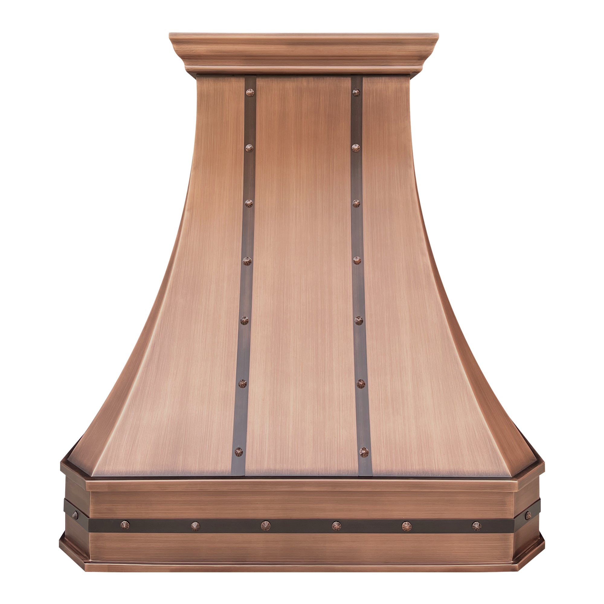 Copper range hood with decorative elements on a white background