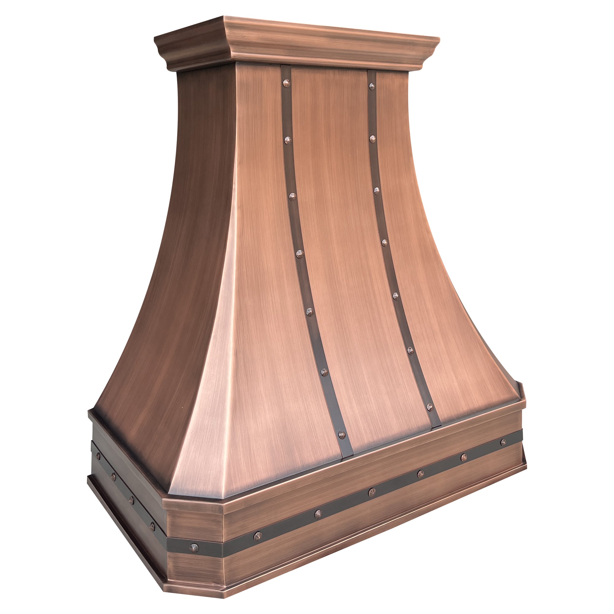 Copper kitchen hood with decorative elements on a white background