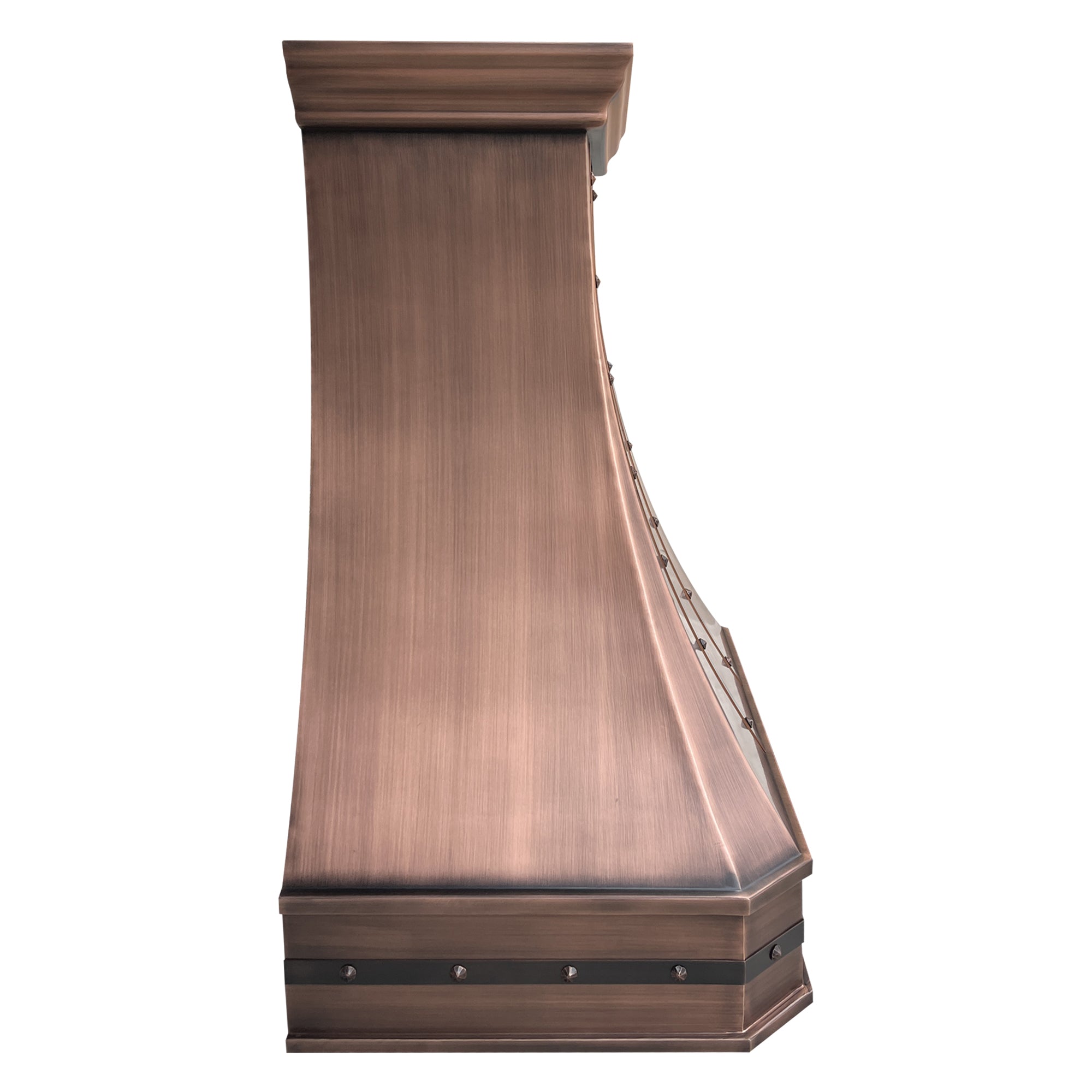 Bronze-colored range hood on a white background