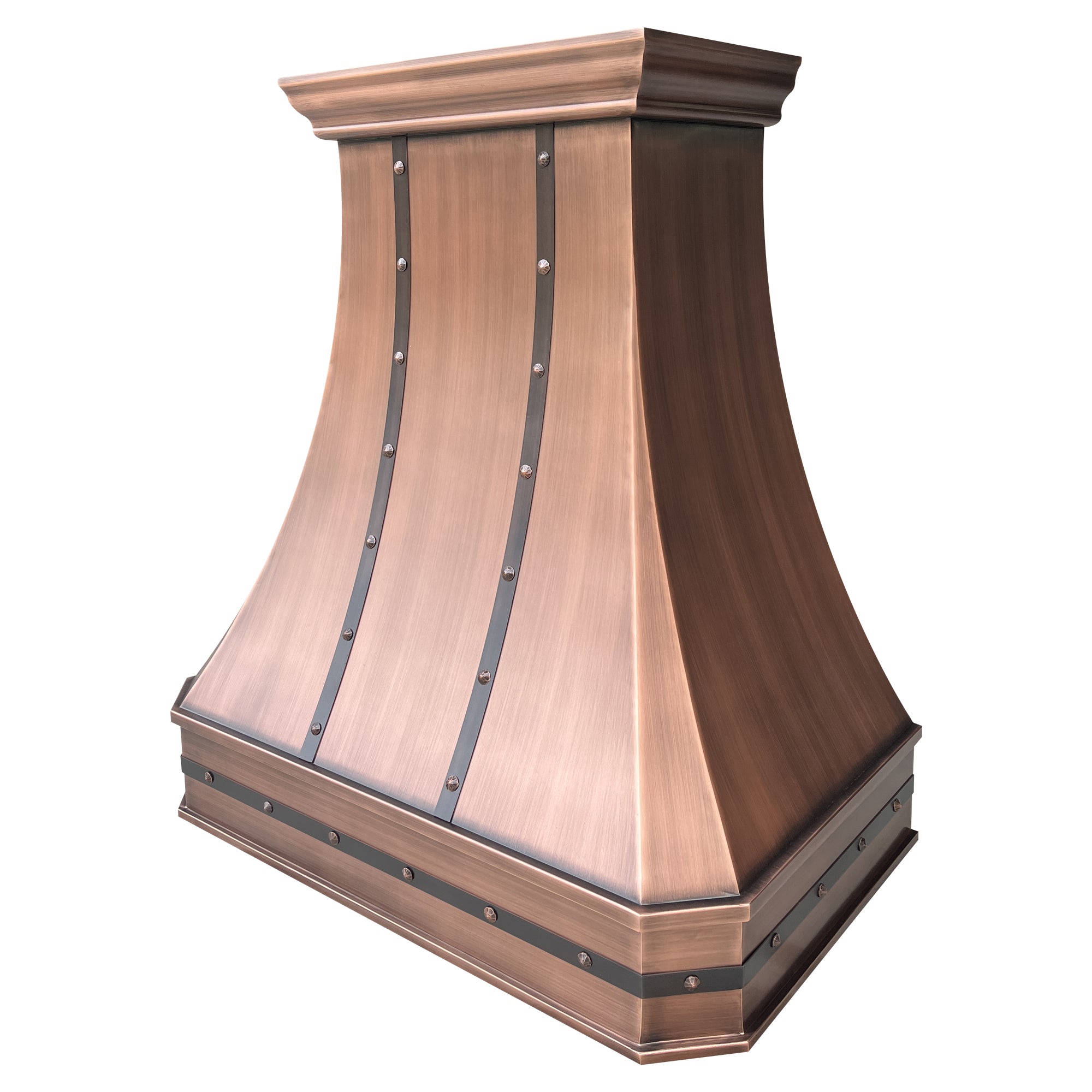 Copper kitchen hood with decorative elements on a white background