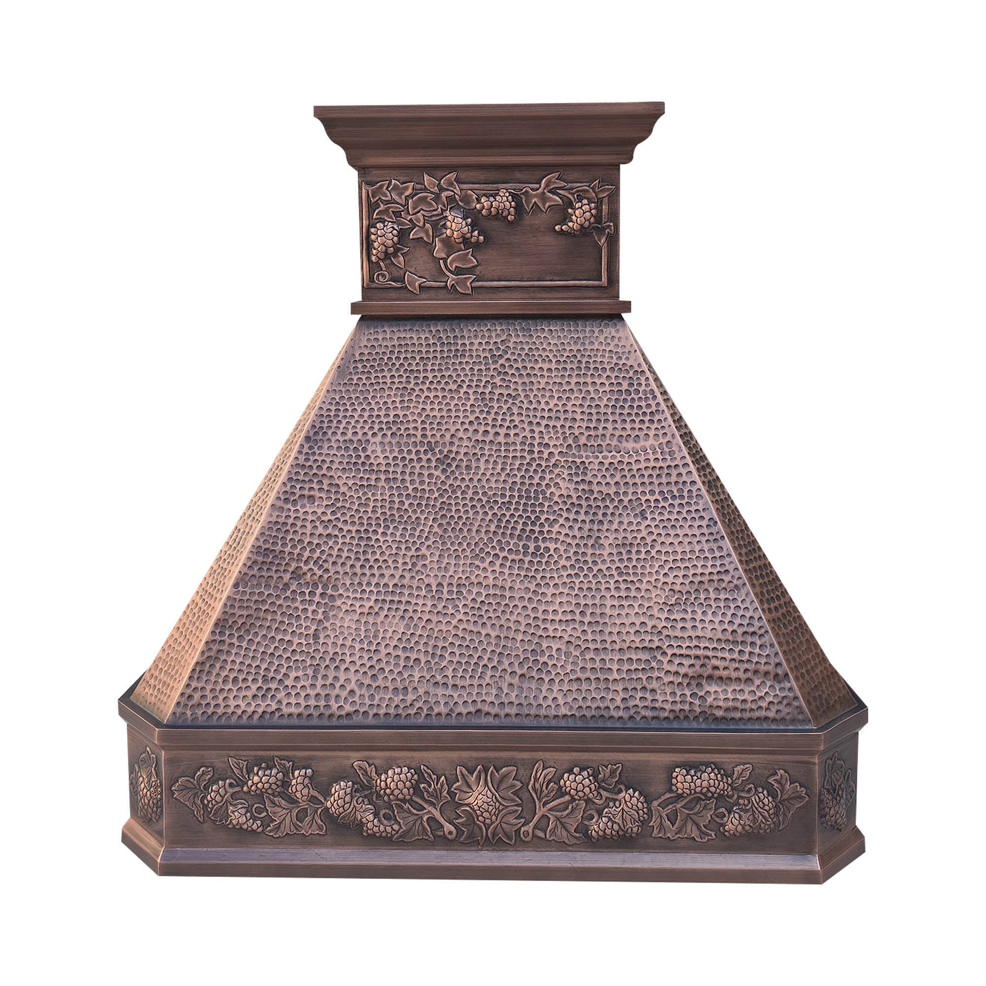 CKH handcrafted copper range hood with intricate grapevine floral detailing and hand-hammered texture