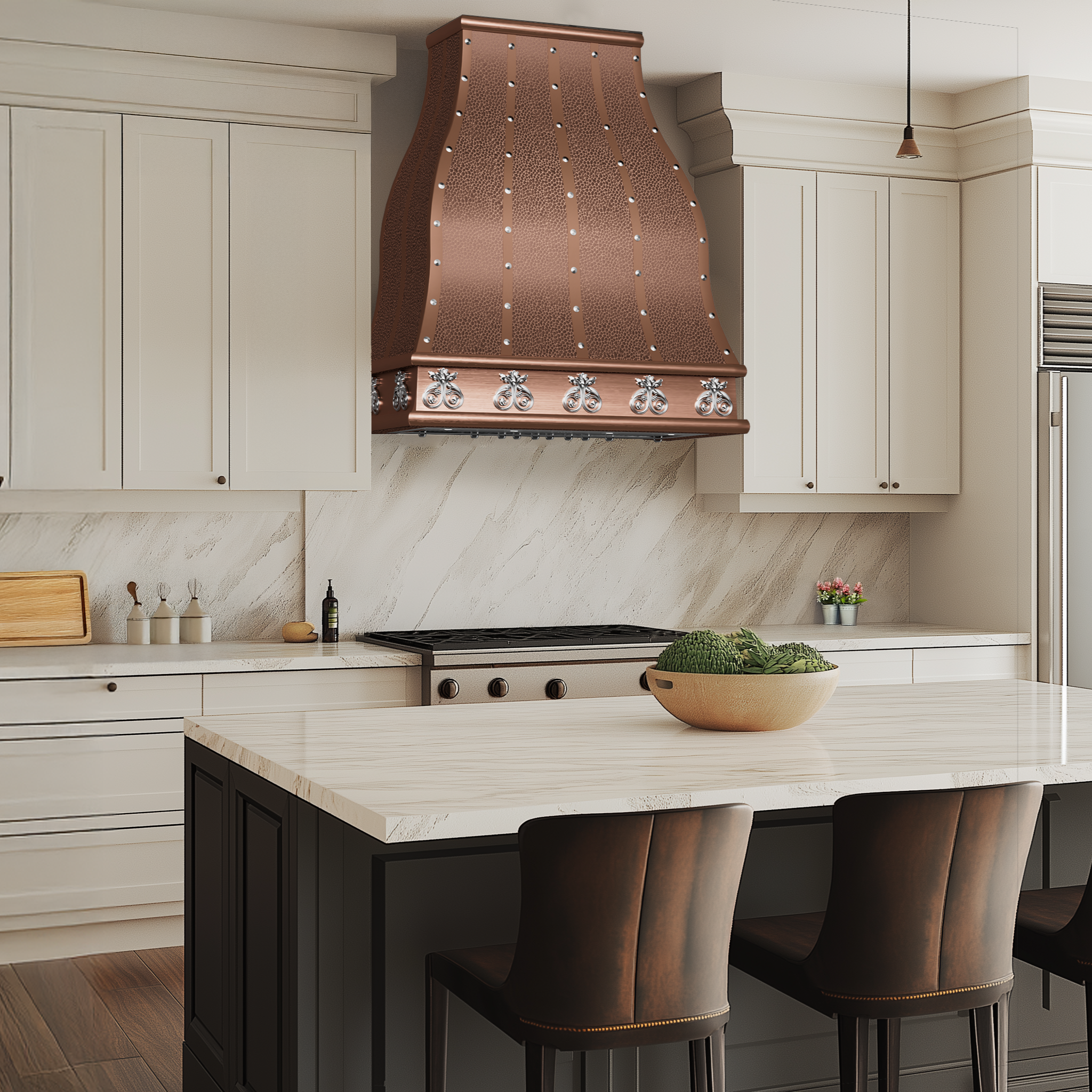 Curved waist handcrafted hammered copper range hood with silver rivets & ornate base, designed for modern kitchen