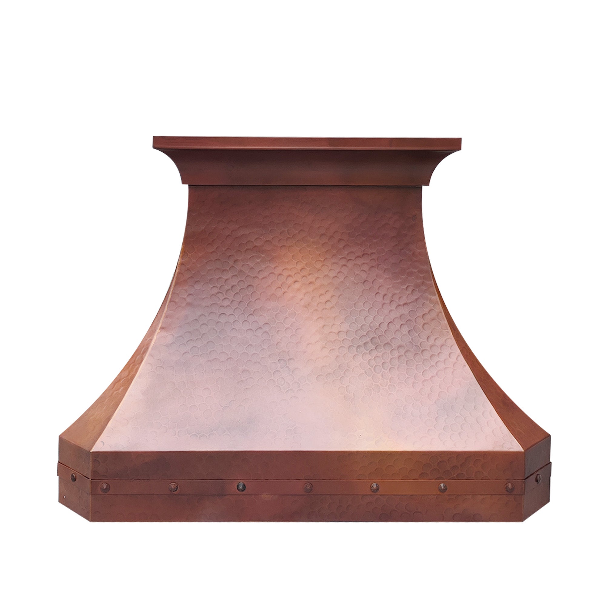 CKH copper vent hood with hand-hammered texture, elegant curved silhouette, and rich copper finish.
