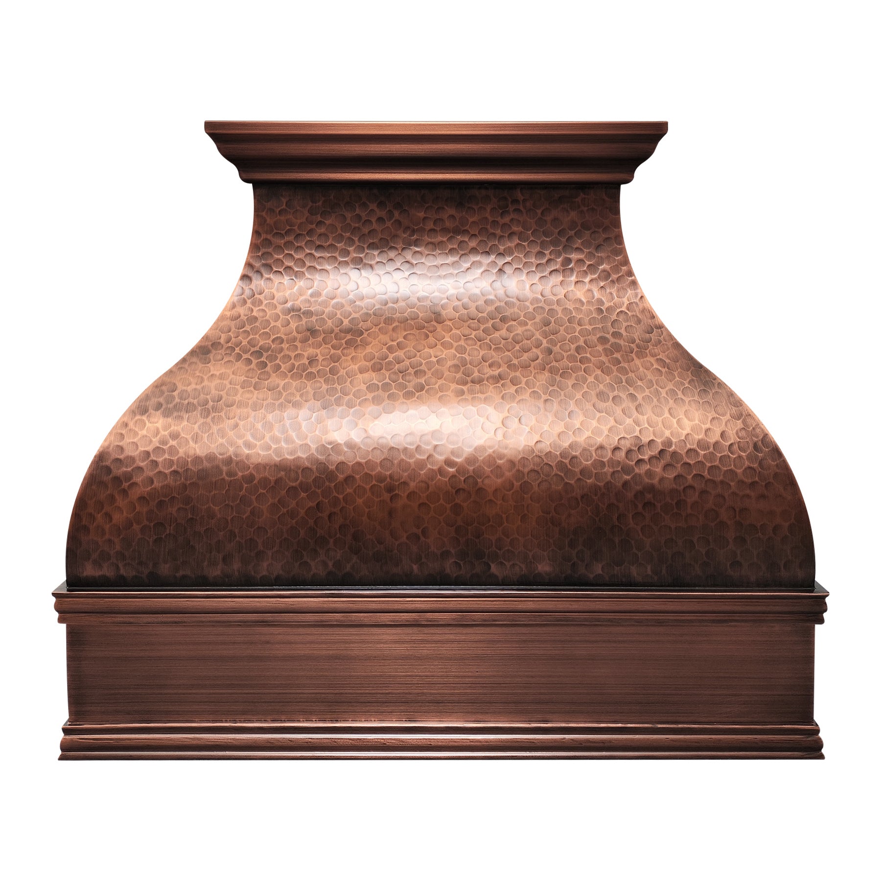 CKH copper vent hood featuring hand-hammered texture, a gracefully curved silhouette for timeless kitchen elegance.