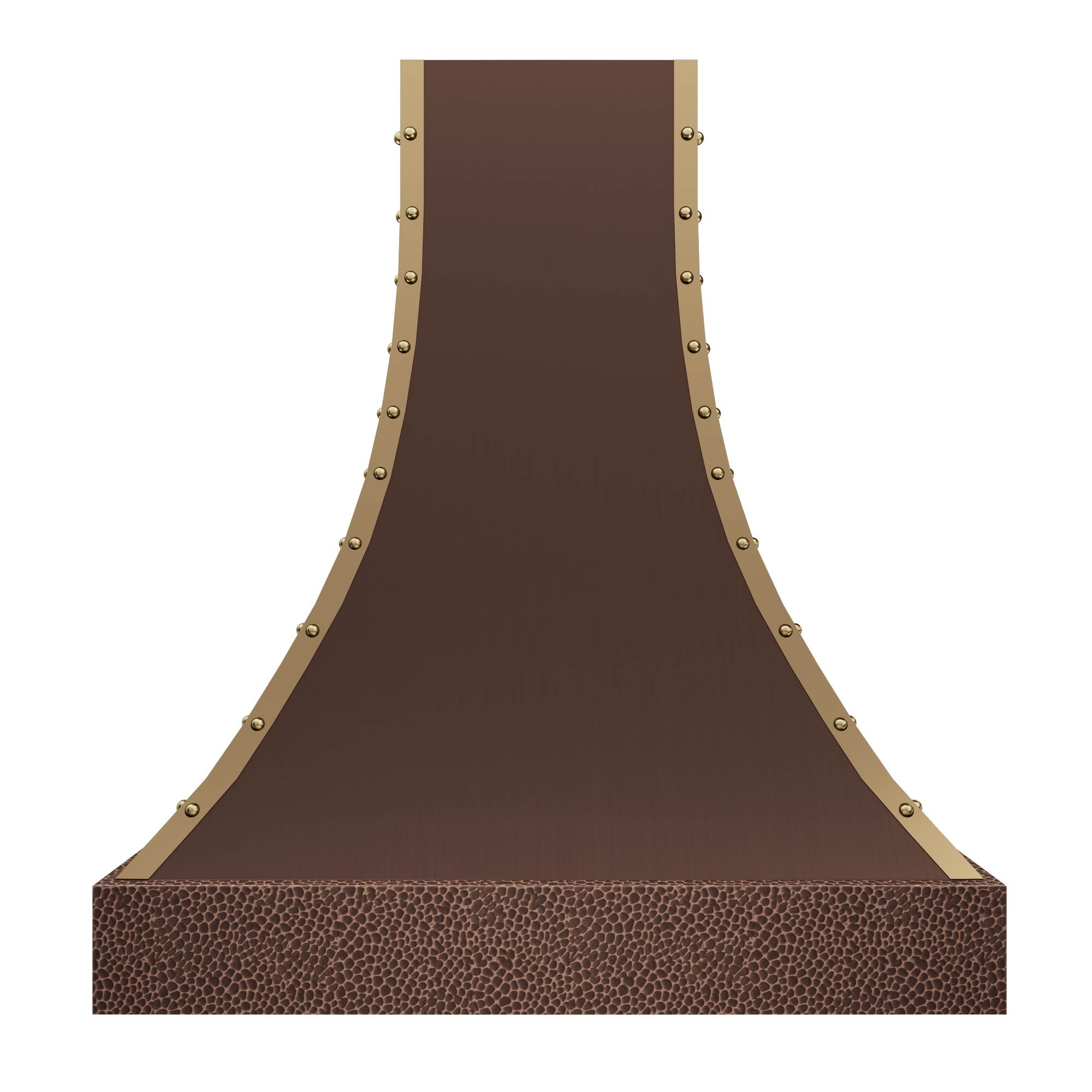 Copper hood with gold rivet trim, featuring a textured hammered base to elevate kitchen edge