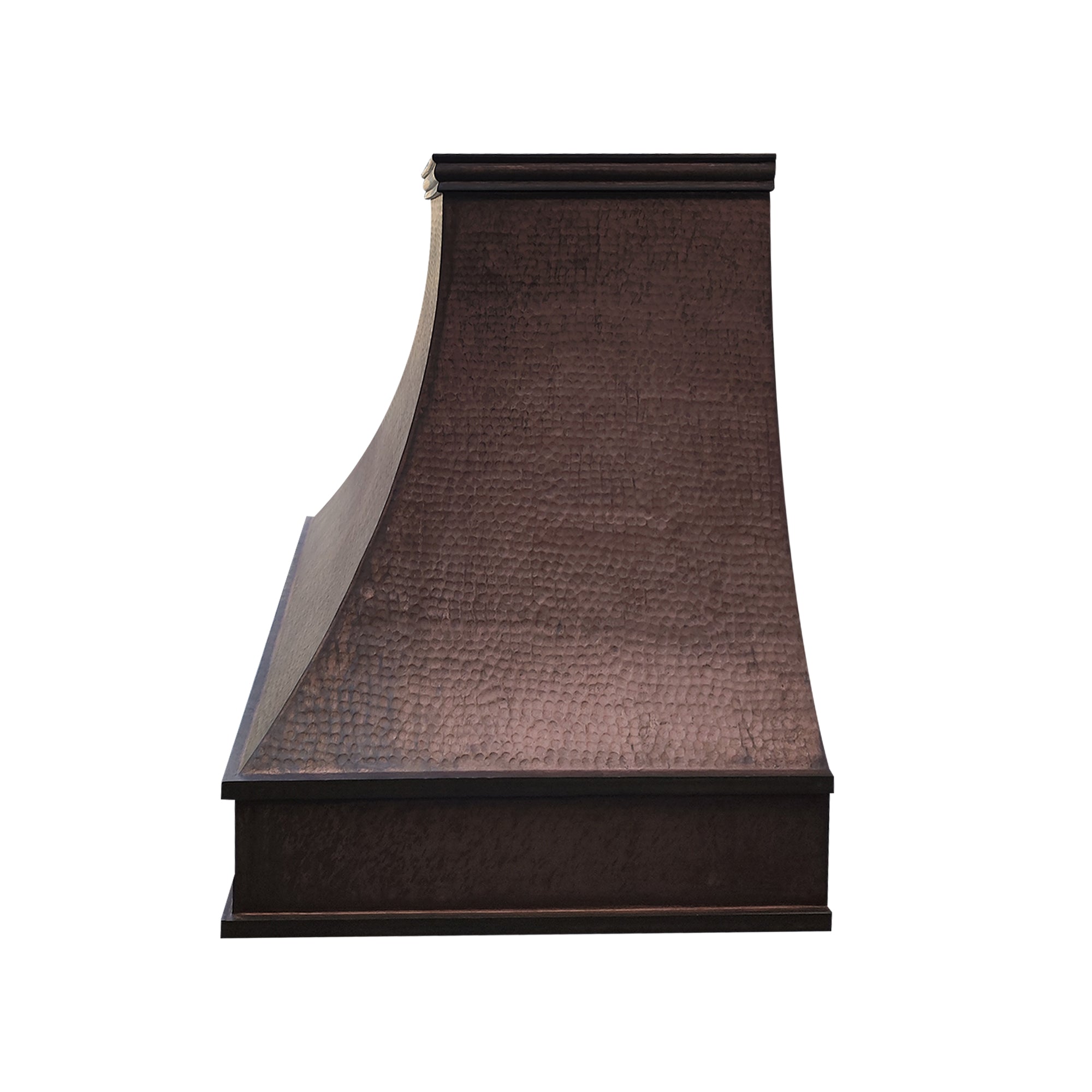 CKH hammered copper range hood with a curved silhouette serves as a stylish centerpiece in a modern kitchen
