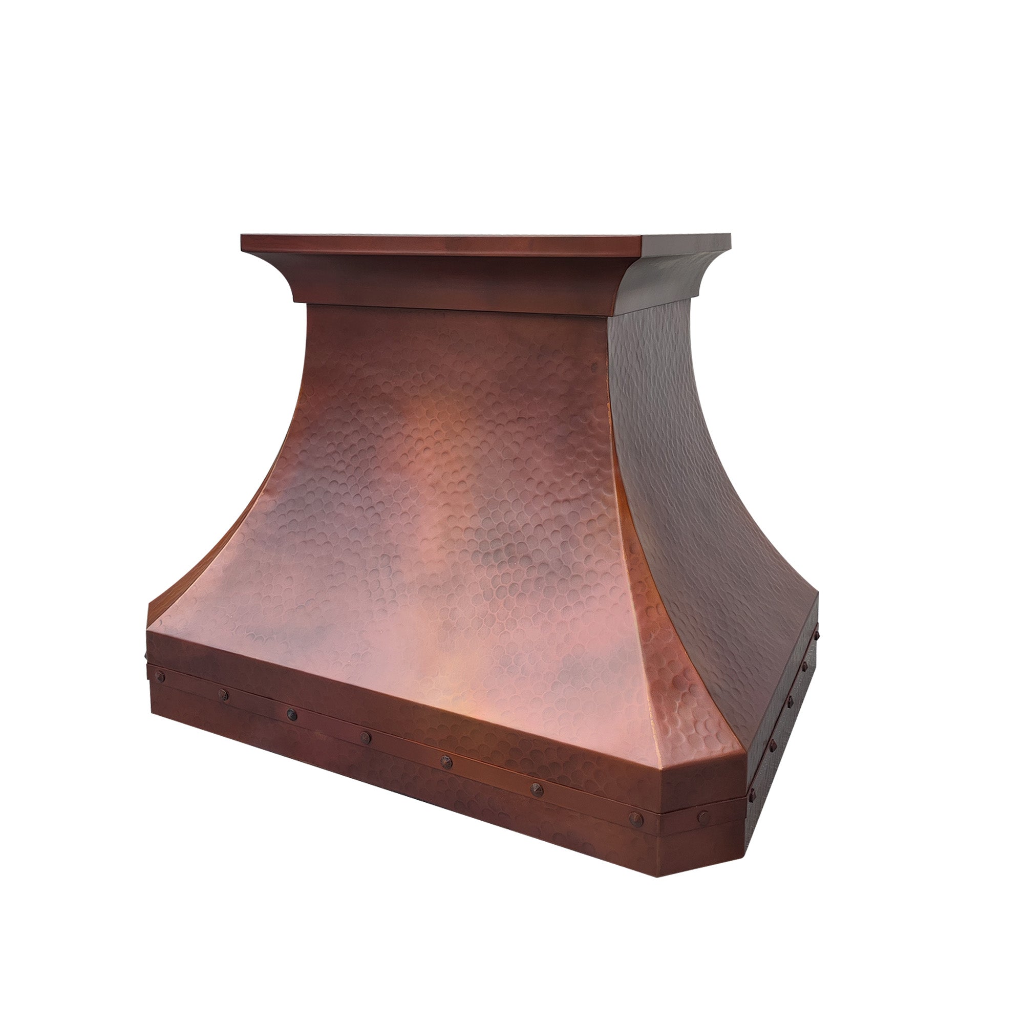 CKH copper vent hood with hand-hammered texture, elegant curved silhouette, and rich copper finish.