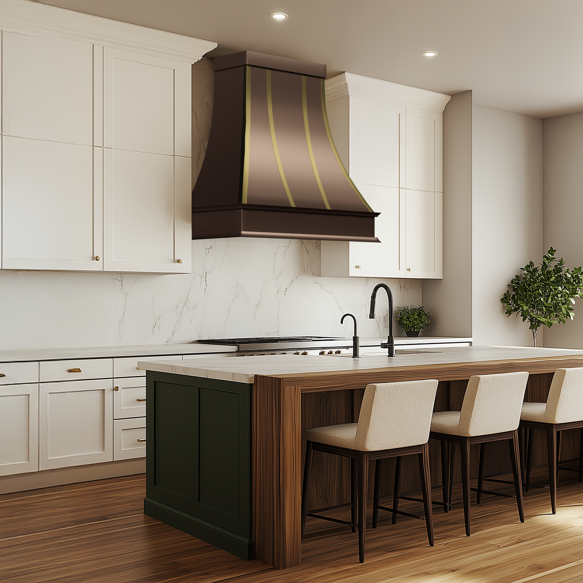 Artisan made curved waist copper hood with gold accents, enhancing home interior design harmony with white cabinets and large windows.