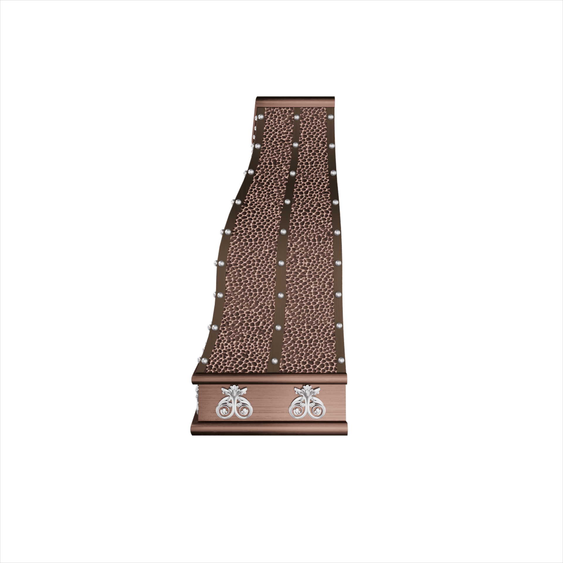 Curved waist handcrafted hammered copper range hood with silver rivets & ornate base, designed for artisan style kitchens
