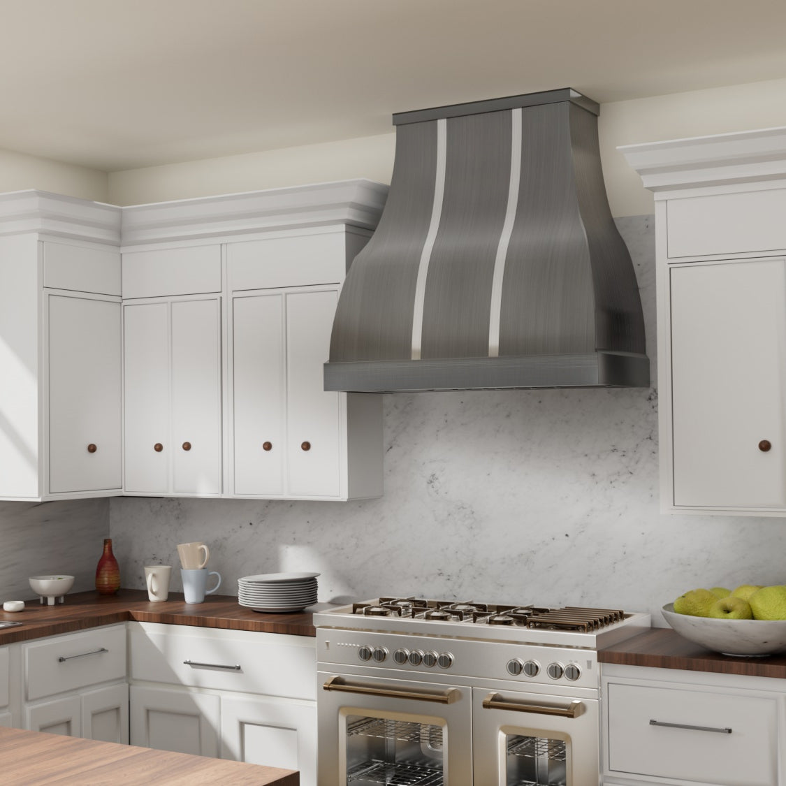 Modern kitchen with stainless steel range hood and white cabinetry