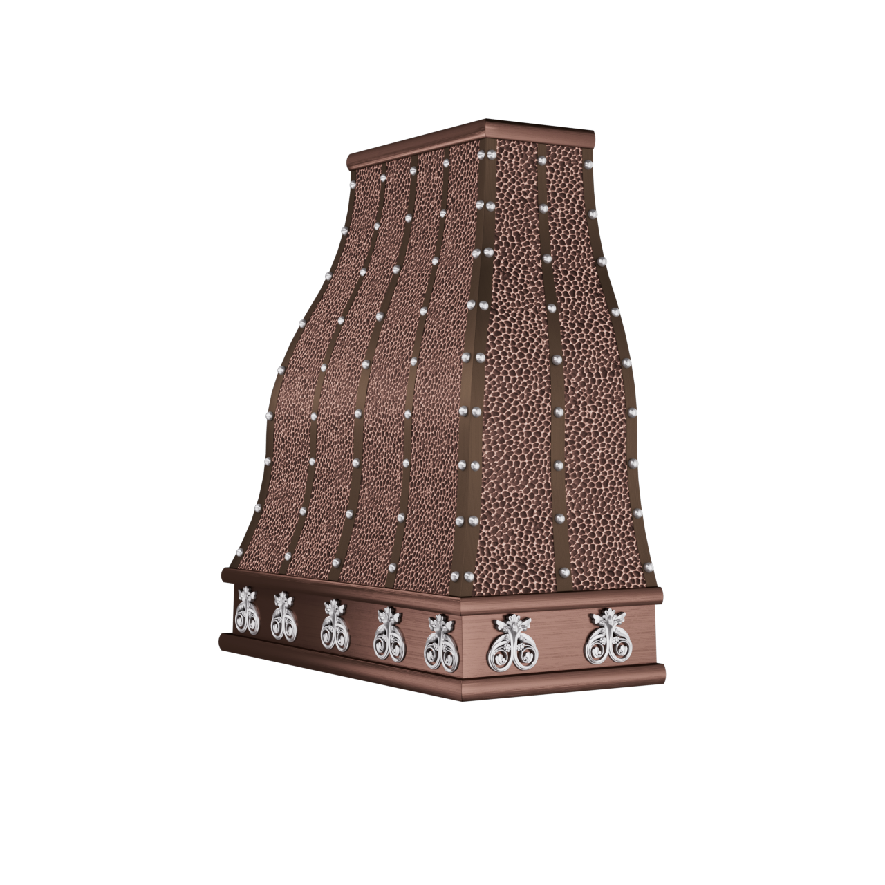 Curved waist handcrafted hammered copper range hood with silver rivets & ornate base, designed for artisan style kitchens