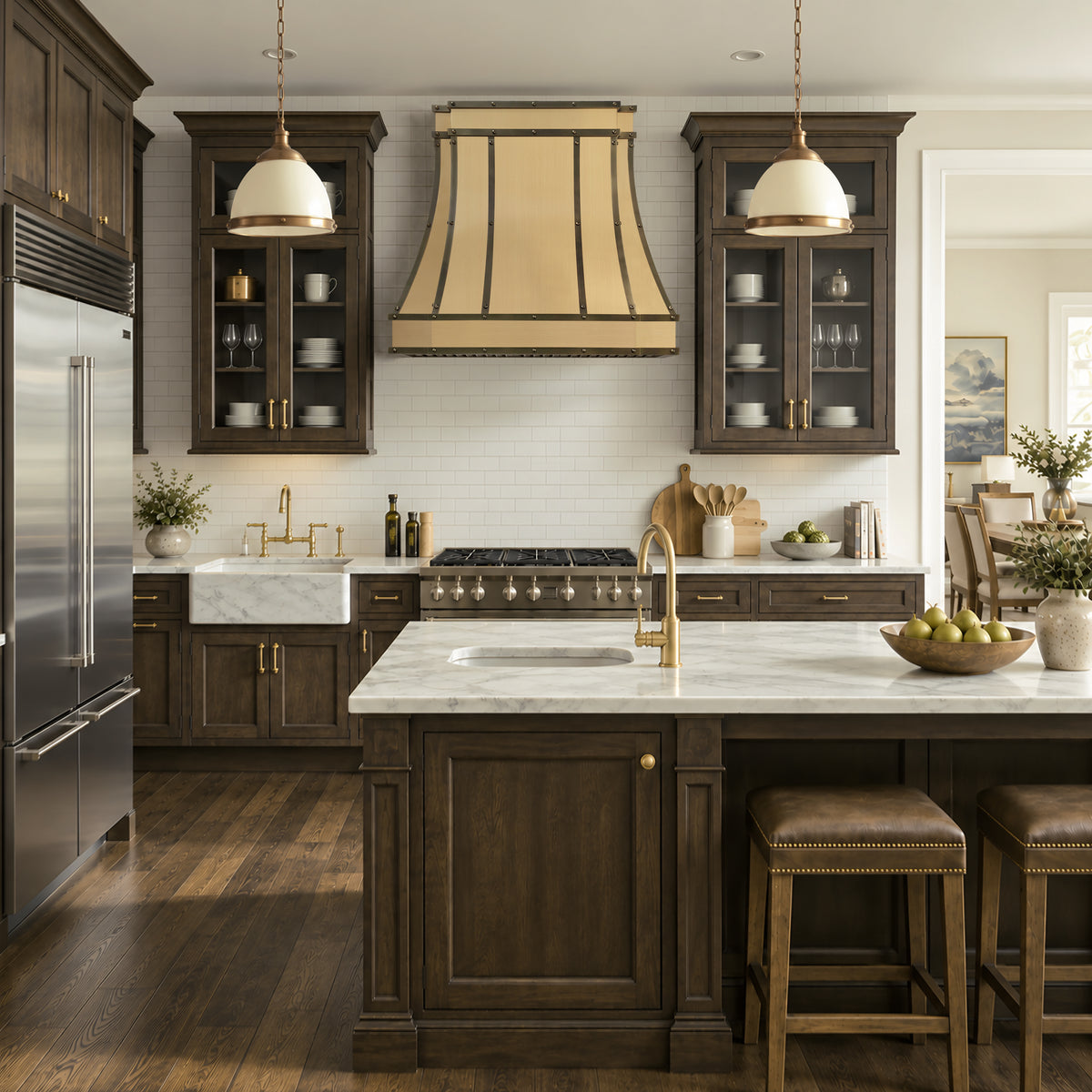 a brushed brass range hood in a luxury kitchen