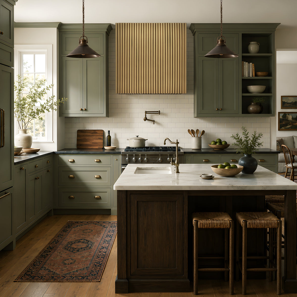 brass box shaped range hood in a modern kitchen