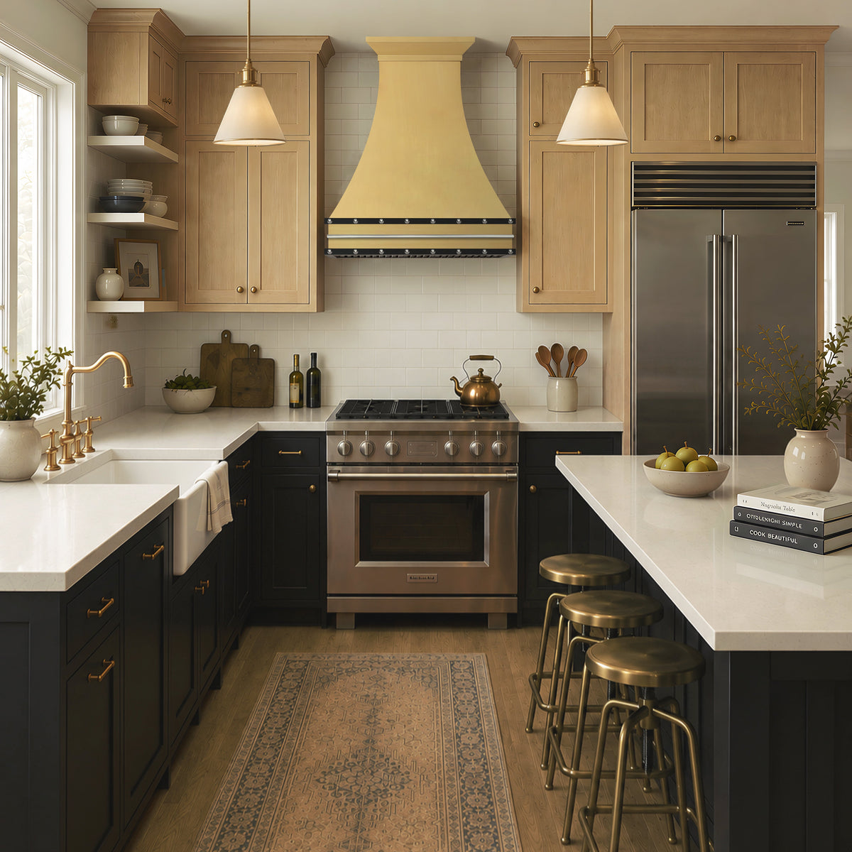 custom brass kitchen brass range hood in a modern kitchen 
