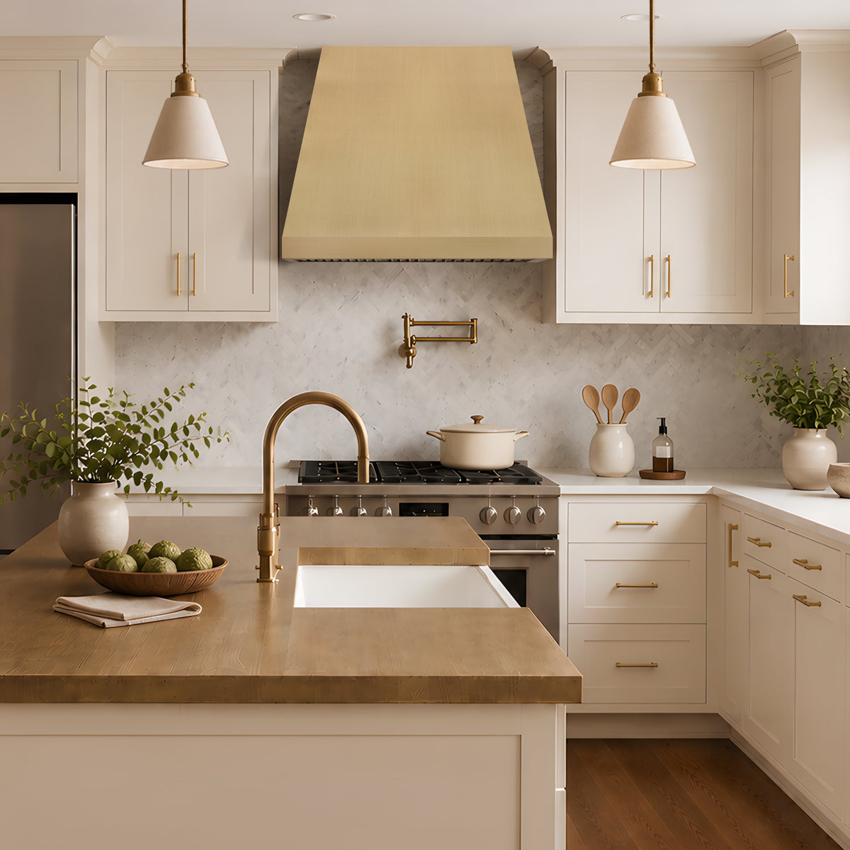 a modern kitchen brushed brass range hood