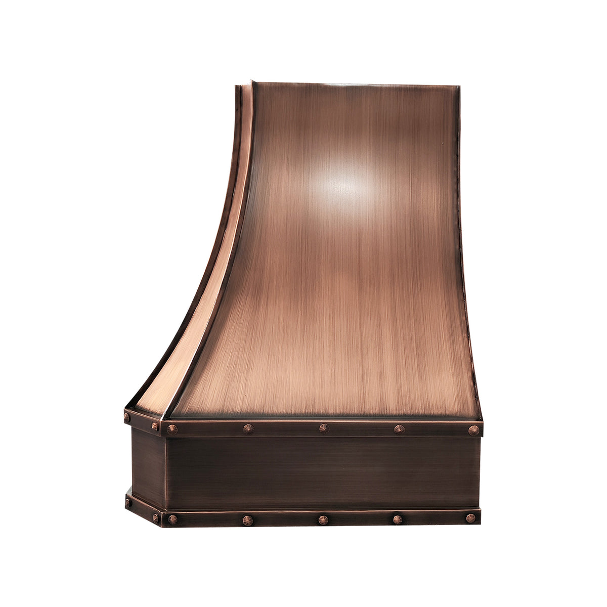custom antique copper range hood featuring ornate carved detailing and rivet accents