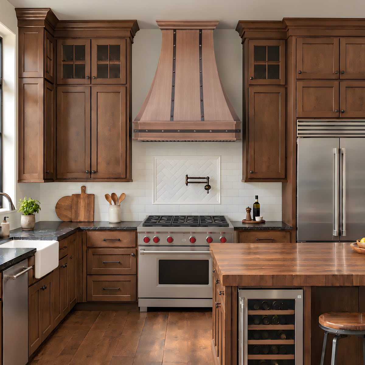 a custom copper range hood in a farmhouse