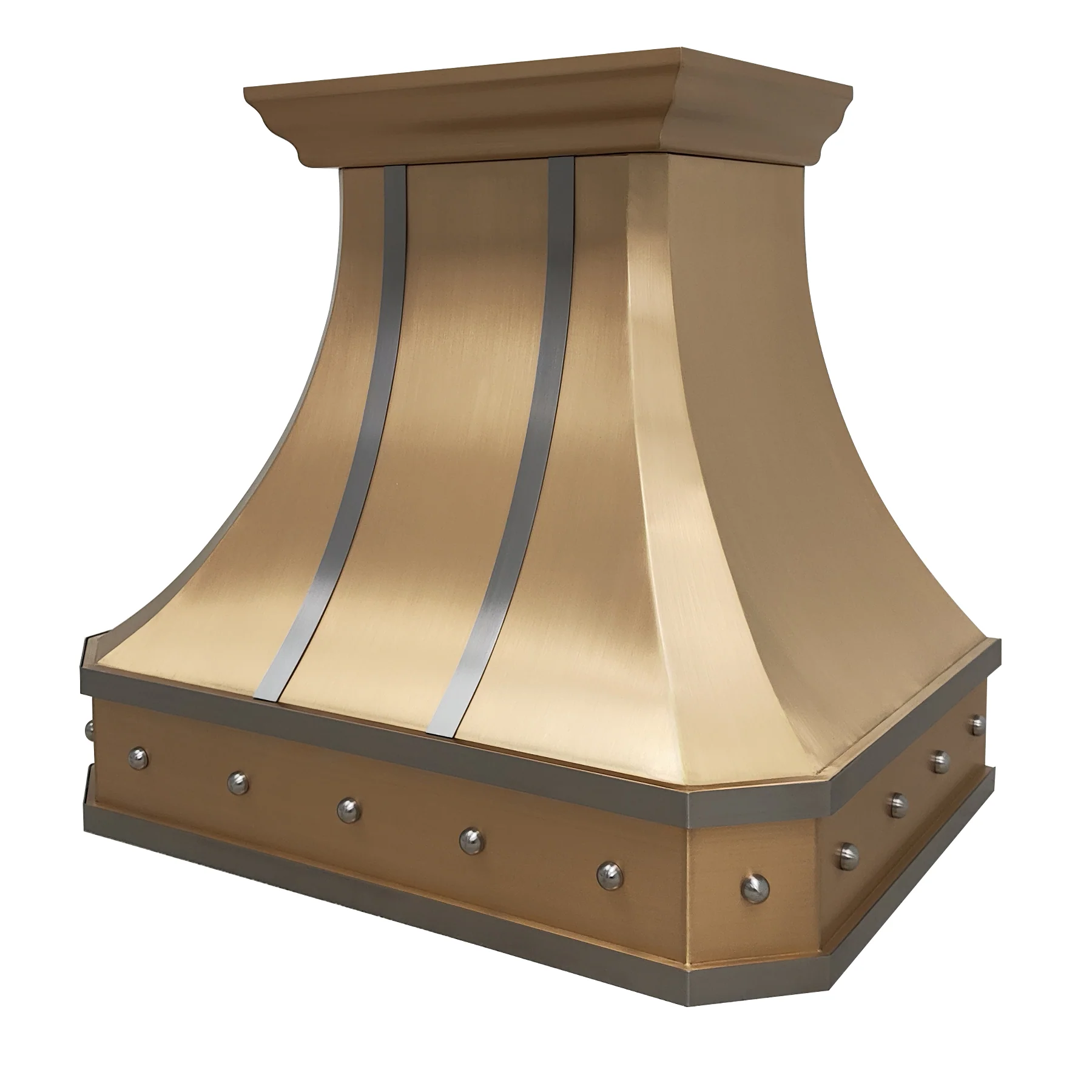 custom curved brass stove hood vent with straps and round rivets