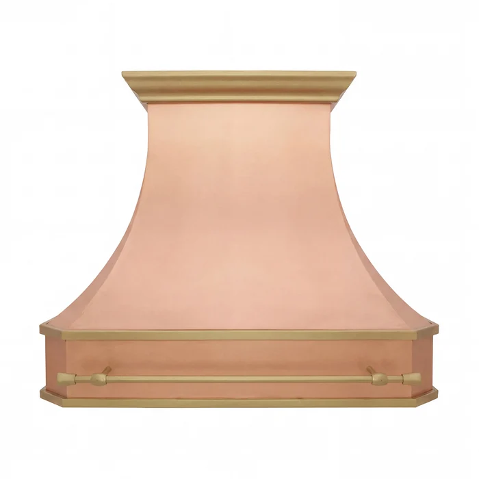 ckh natural copper range hood with brushed brass crwon and pot rail