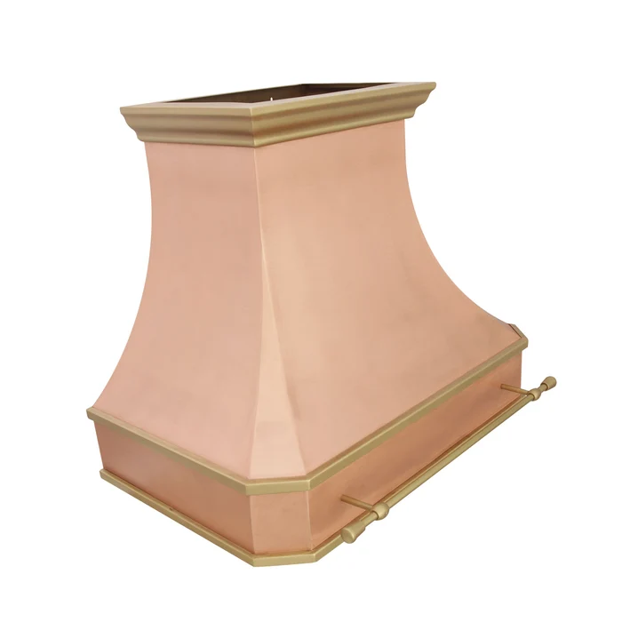 a copper range hood with a flared square shape, finished in a natural copper tone with brass trim