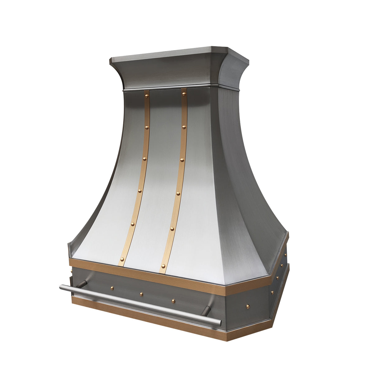 stainless steel range hood with brass accents and rivet detailing, designed for modern kitchen