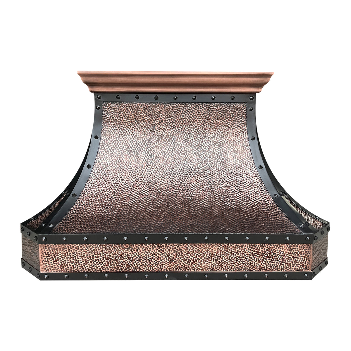 CKH hammered copper range hood with industrial riveted black accents, showcasing vintage industrial kitchen ventilation design
