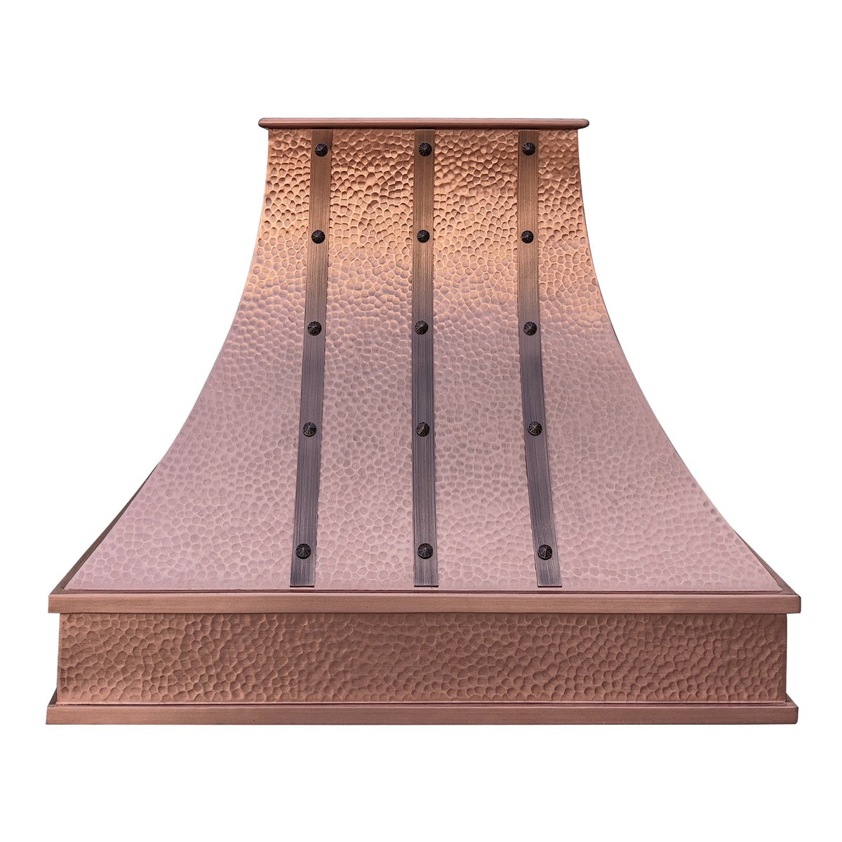 CKH handcrafted hammered copper range hood with riveted accents, showcasing vintage industrial kitchen ventilation design.