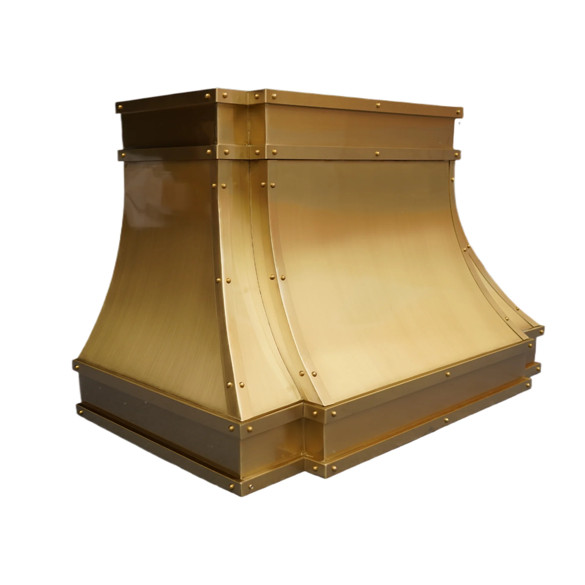 custom brass range hood with brass straps and round rivets