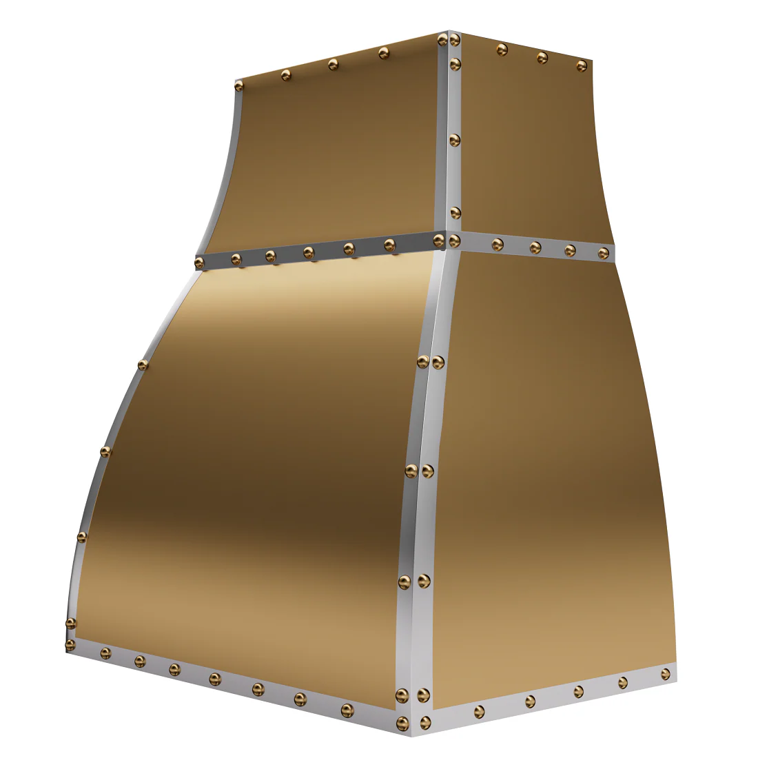 wall mounted custom brass range hood with elegant round polished rivets