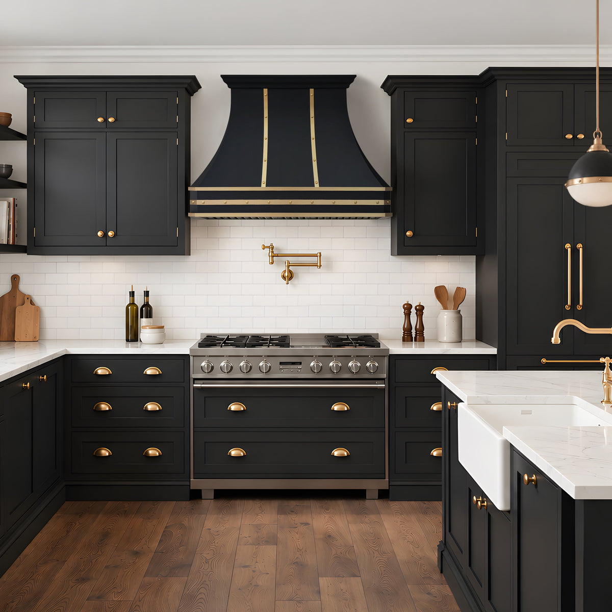 black stainless steel custom range hood in a modern kitchen