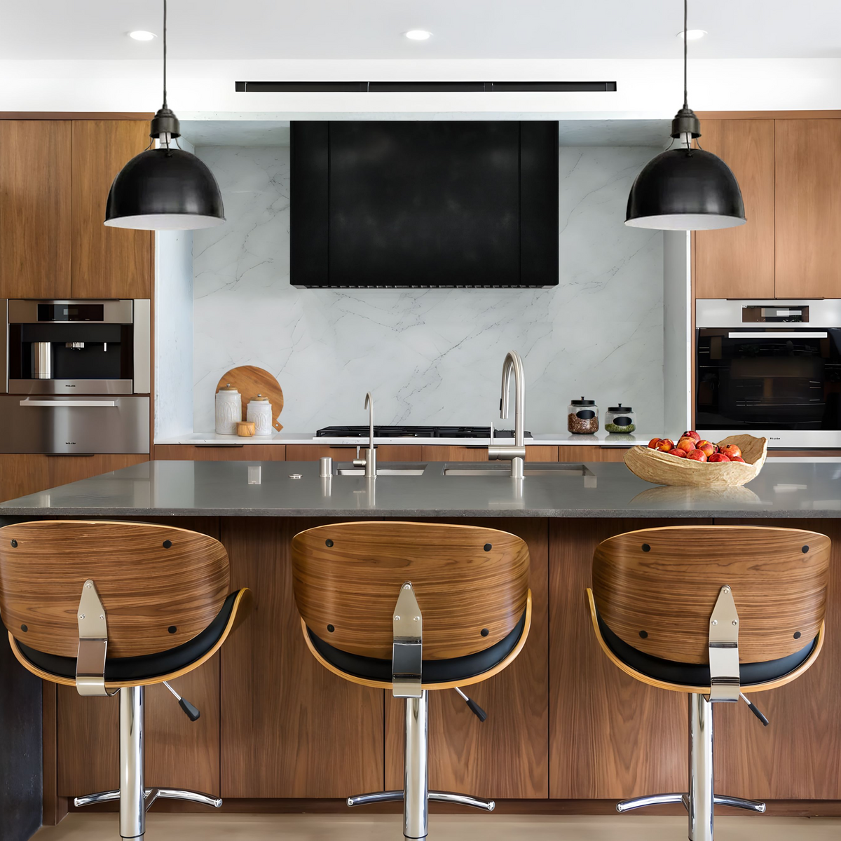 a custom zinc range hood in a modern kitchen