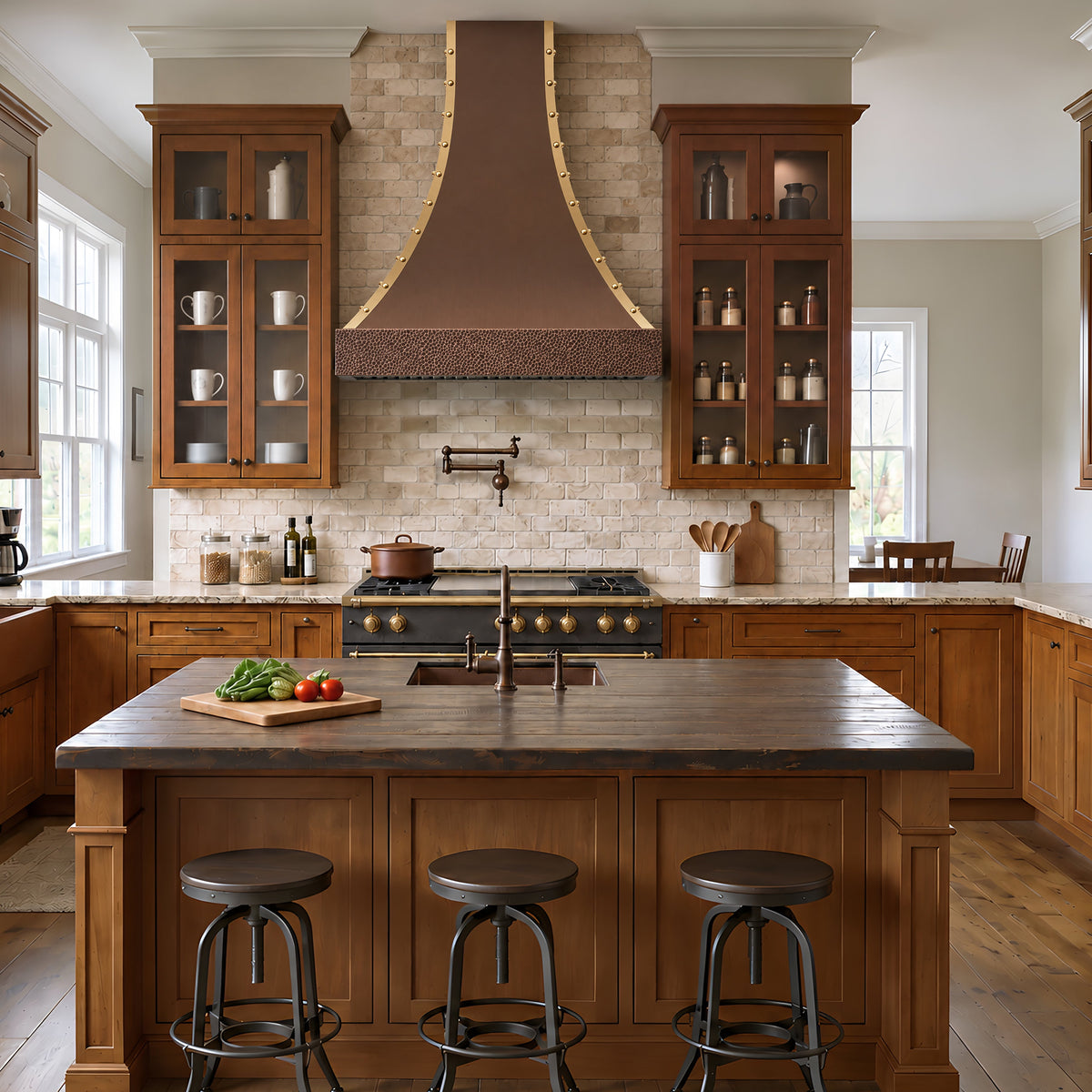 a copper kitchen range hood in a luxury kitchen featuring warm medium-brown wood cabinetry