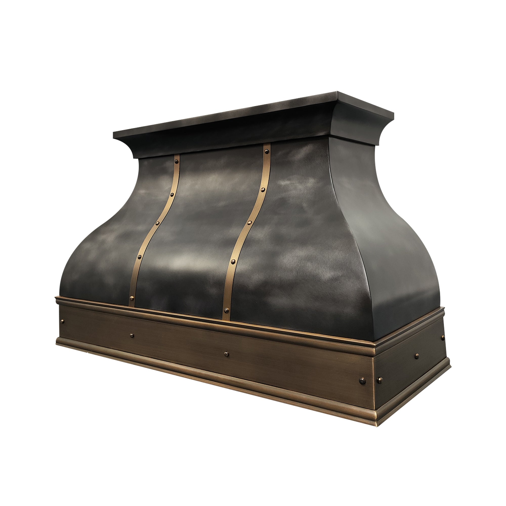 CKH zinc kitchen vent hood featuring a dark textured finish, brass rivet accents, and a curved vintage-industrial silhouette.