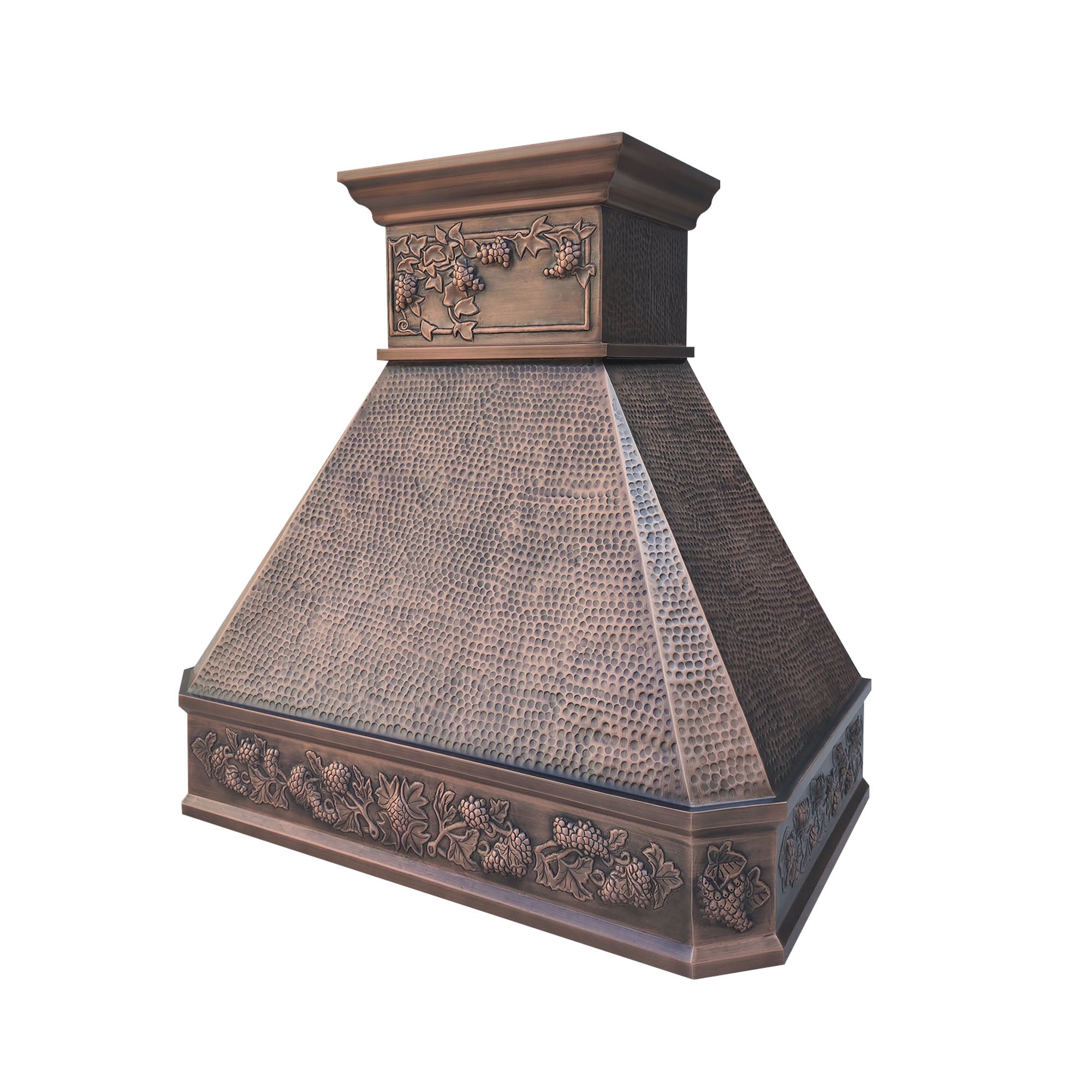 CKH handcrafted copper range hood with intricate grapevine floral detailing and hand-hammered texture