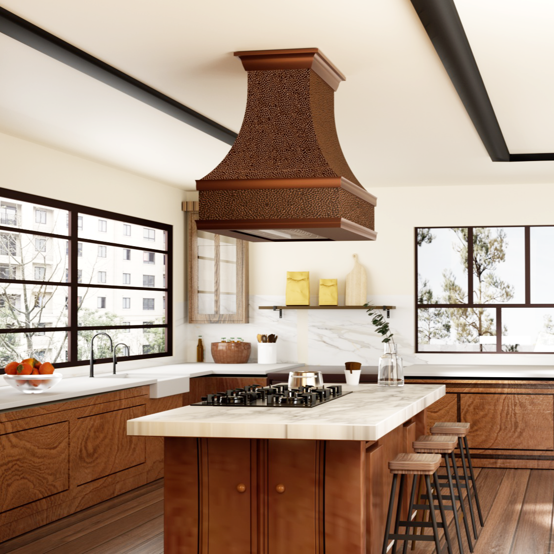 Handmade curved waist copper hood with hammered texture tiered trim, elevating rustic elegant kitchen designs with wooden cabinets