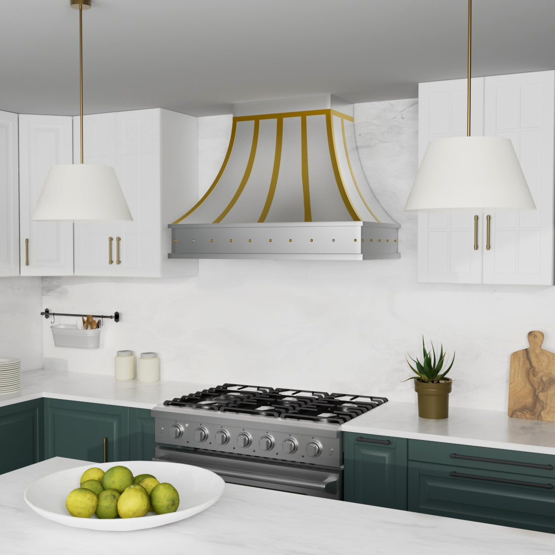 Modern kitchen with a silver stove and decorative hood, white countertops, and green cabinets.