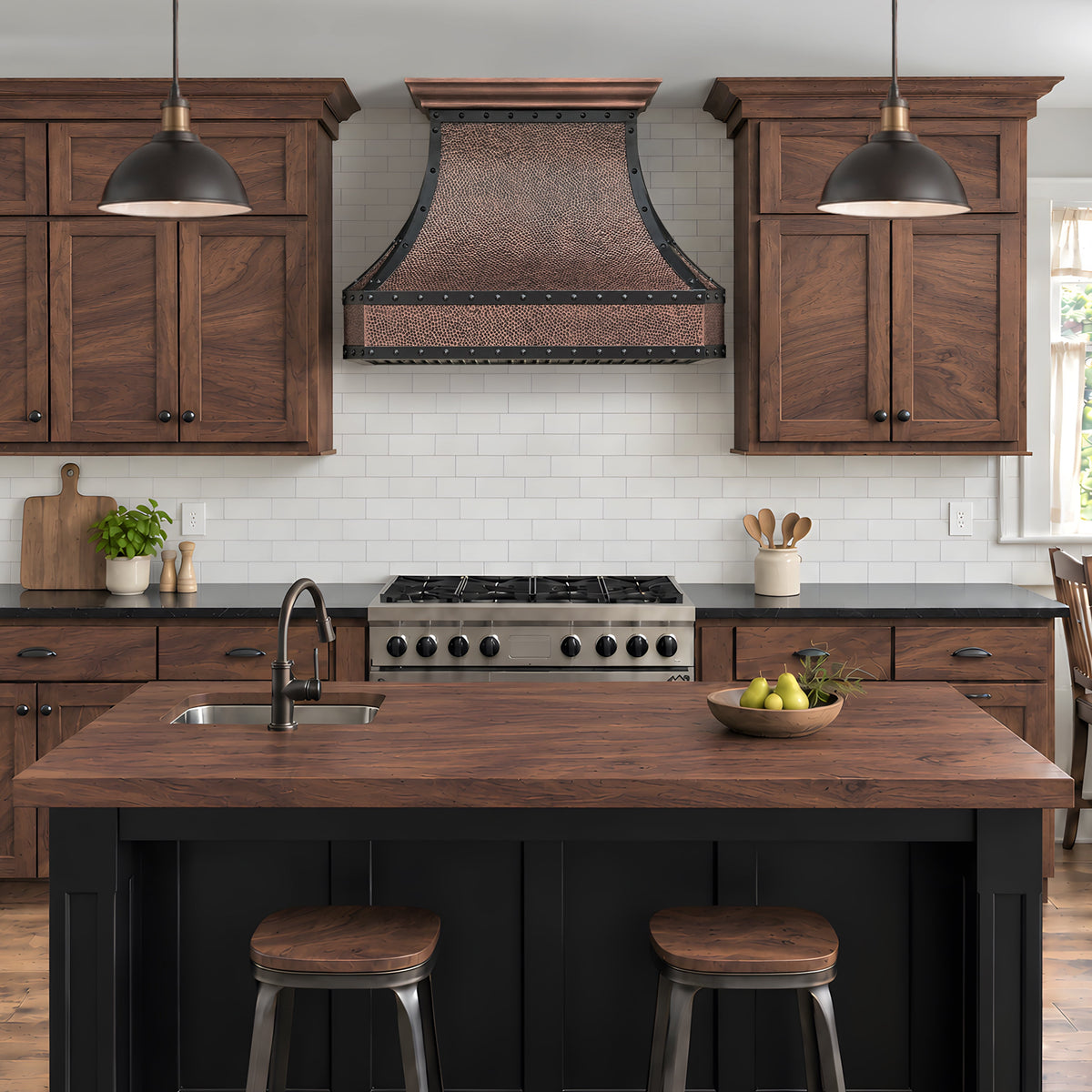a antique copper kitchen range hood in a rustic kitchen