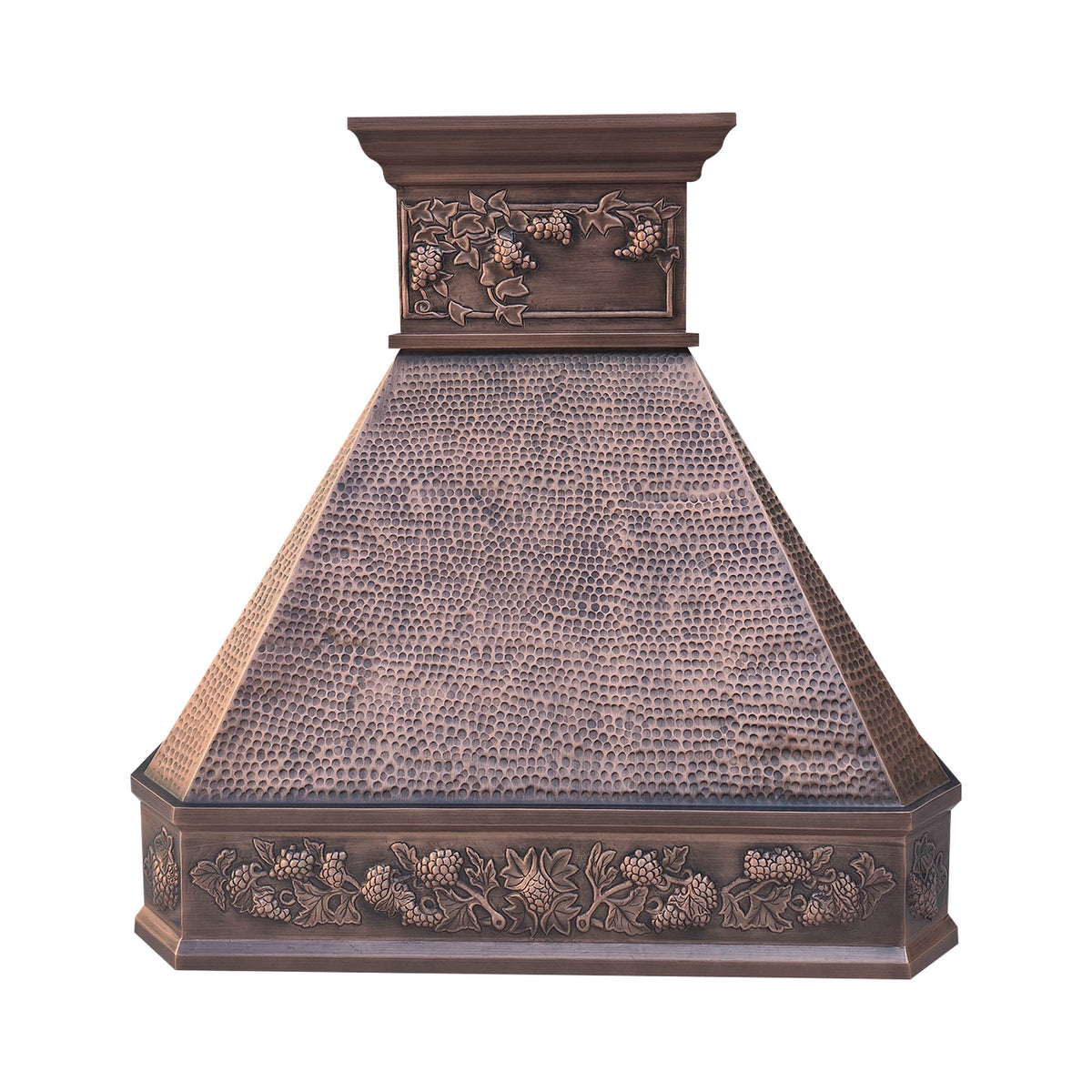 CKH handcrafted copper range hood with intricate grapevine floral detailing and hand-hammered texture