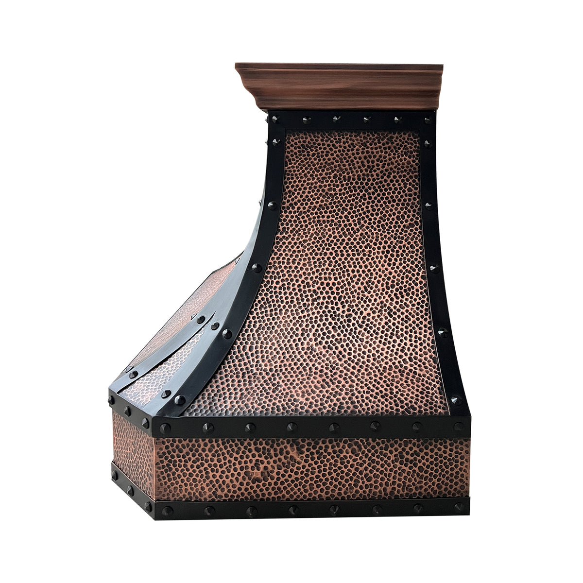 CKH custom hammered antique copper range hood with industrial riveted black accents