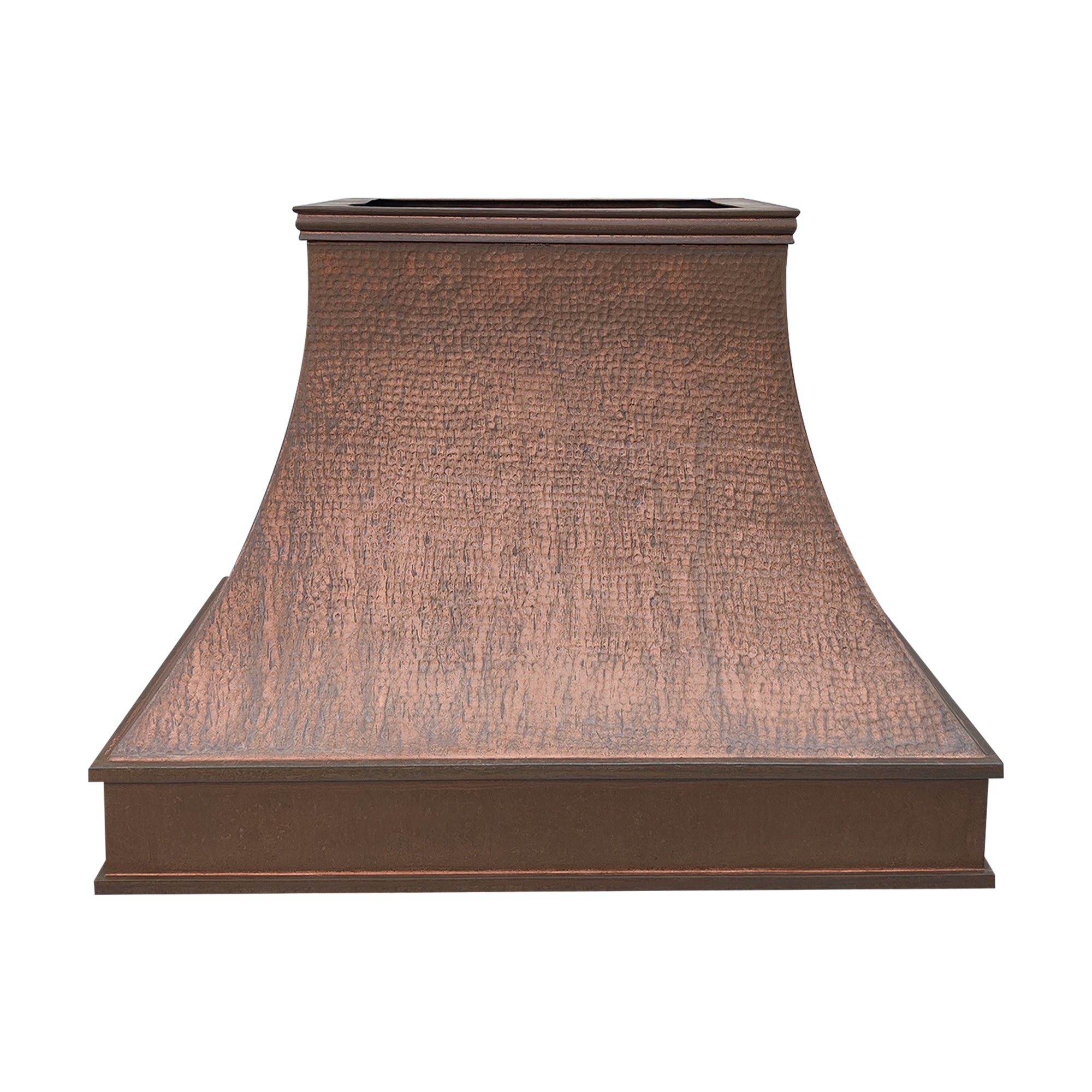 CKH hammered copper range hood with a curved silhouette serves as a stylish centerpiece in a modern kitchen